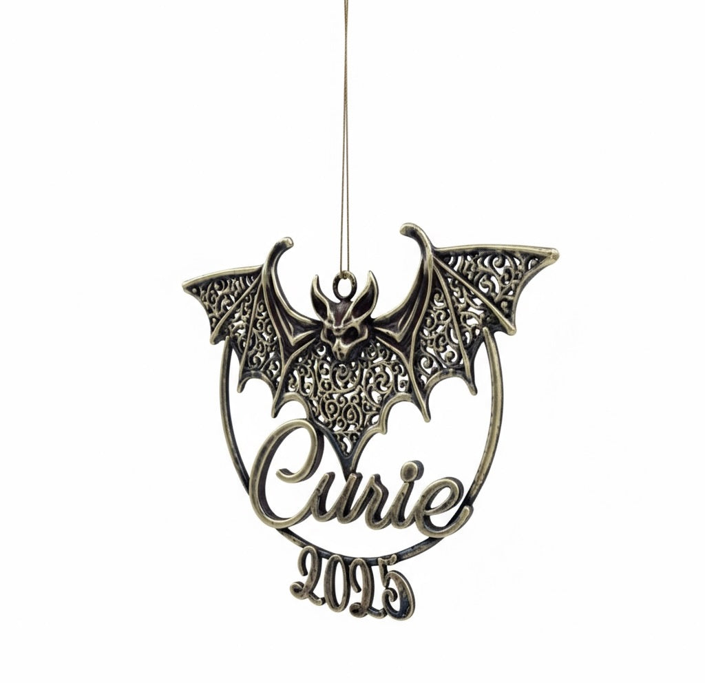 Personalized bat christmas ornament | filigree metallic tree decoration in gold, silver or antique | set of 2 or 4