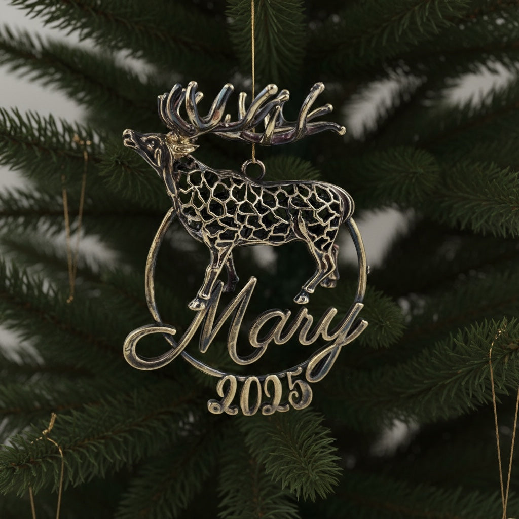 Personalized Reindeer christmas ornament | metallic tree decoration in gold, silver or antique | set of 2 or 4