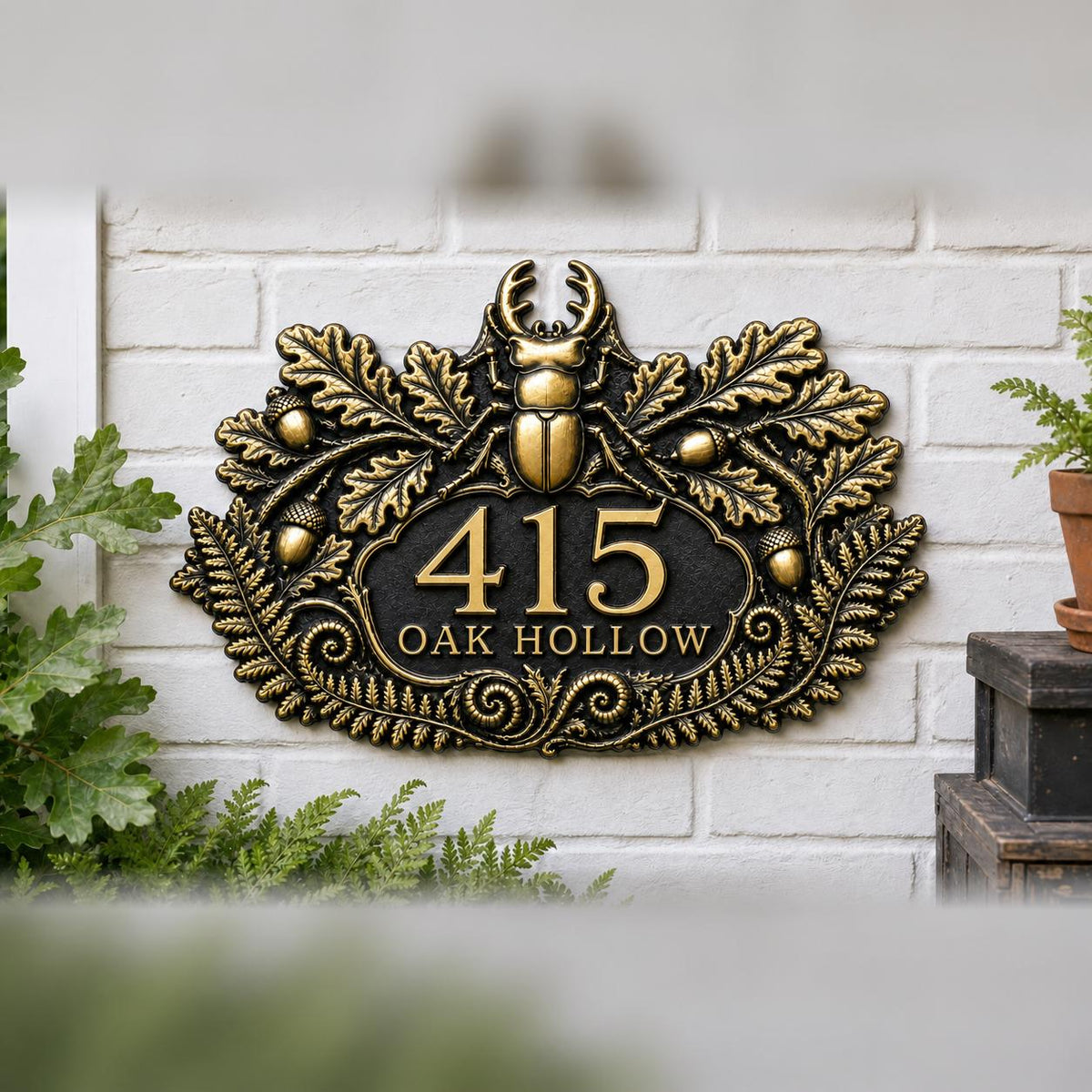 Stag beetle plaque on a white brick wall with plants