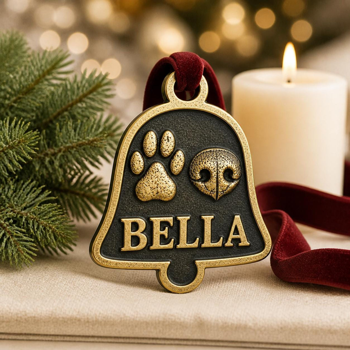 Bell pet ornament on a mantel beside a lit pillar candle and pine branches