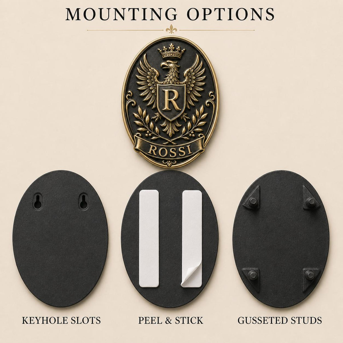 Design Your Own Oval Crest Plaque | Crowned Eagle & Name Banner | Antique Brass Wall Sign