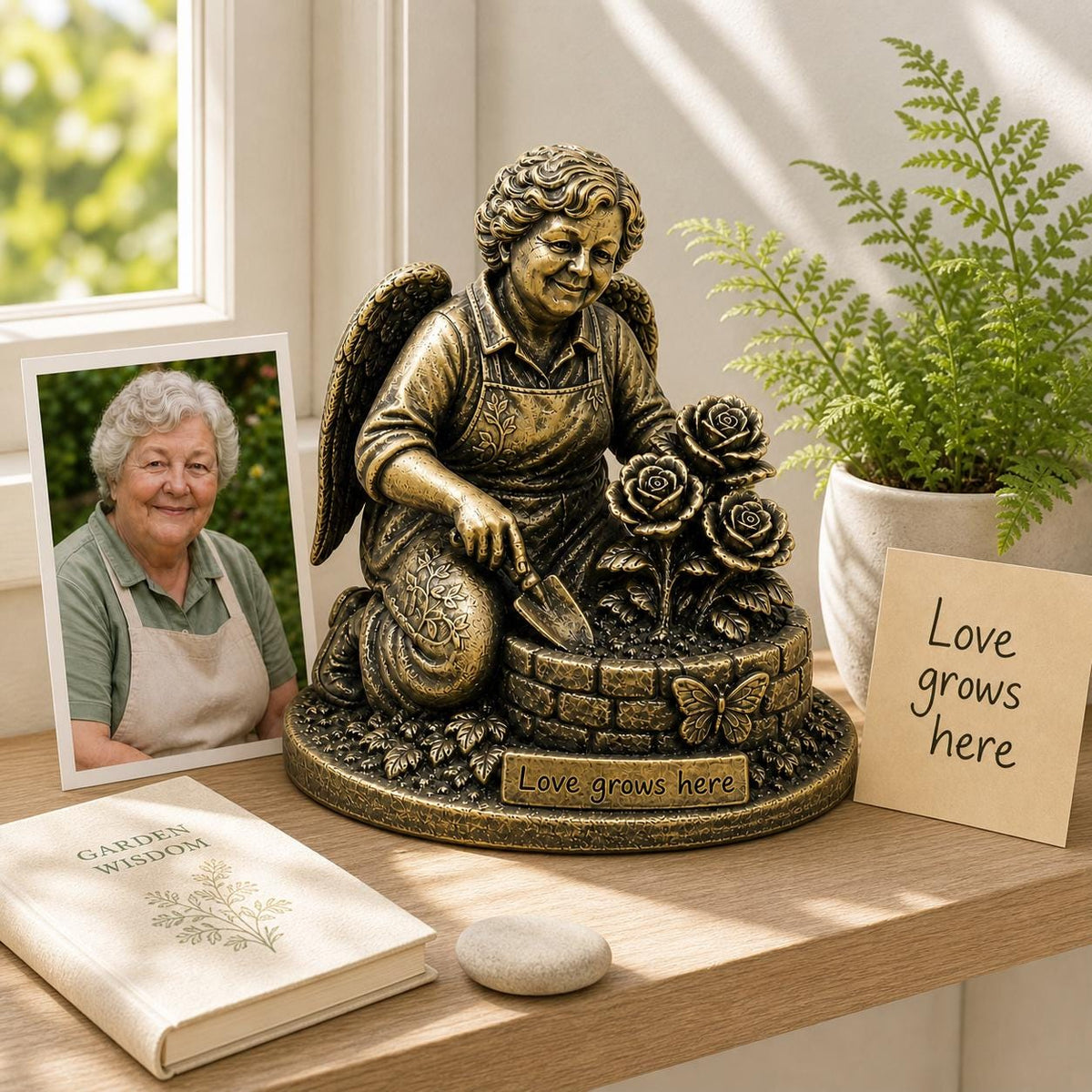 Personalised Grandma Memorial Figurine from Photo, Antique Brass Angel Gardener Statue, Custom Remembrance Gift