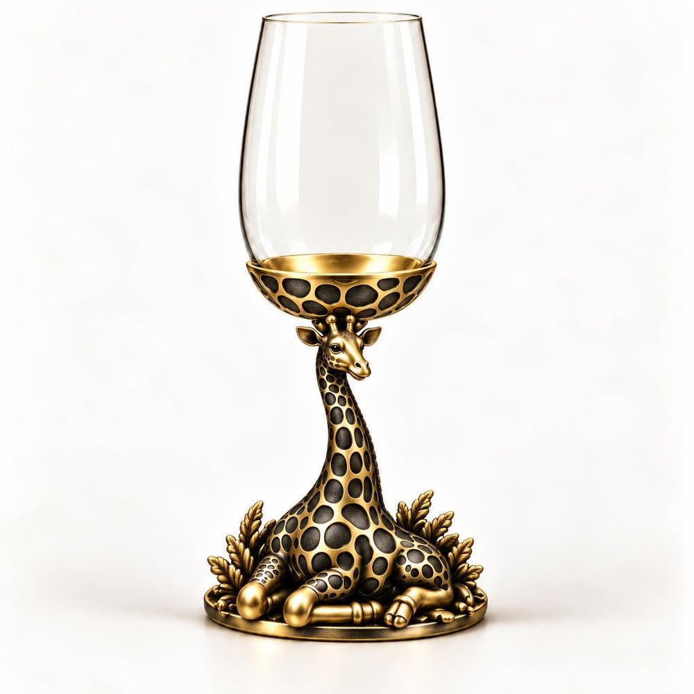 Giraffe wine glass with a clear bowl and sculptural antique brass stem