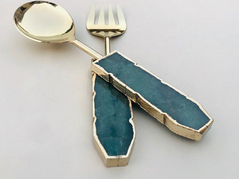 Serving fork and spoon with green agate handles