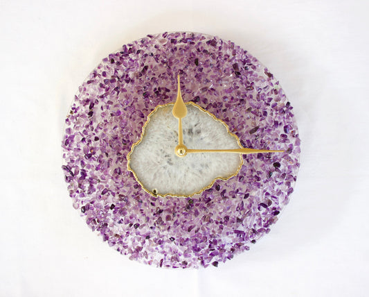 10" Diameter Large Purple Crystal White Agate Wall Clock
