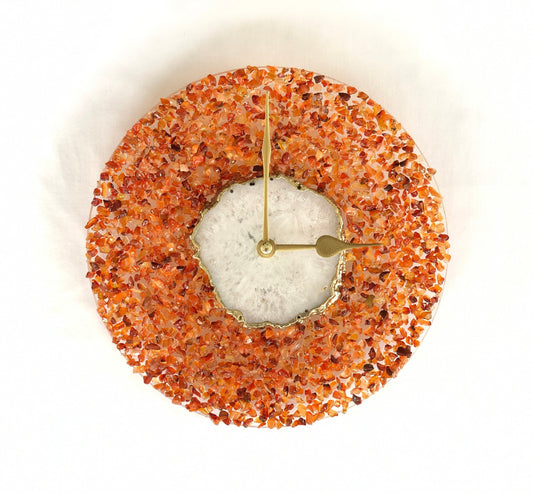 10" Diameter Large Orange Crystal White Agate Wall Clock