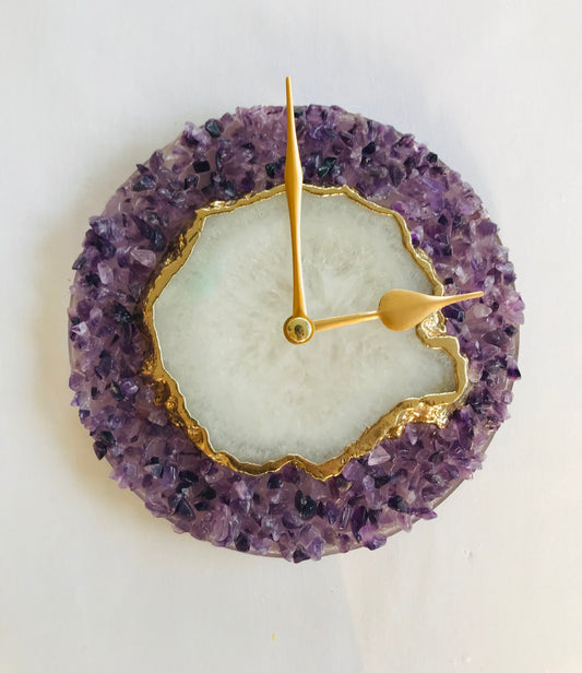 6" Diameter Purple Crystal With White Agate Wall Clock
