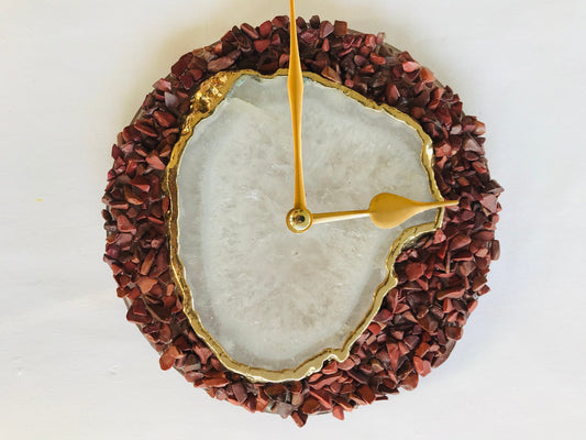 6" Diameter Burnt Red Crystal With White Agate Wall Clock