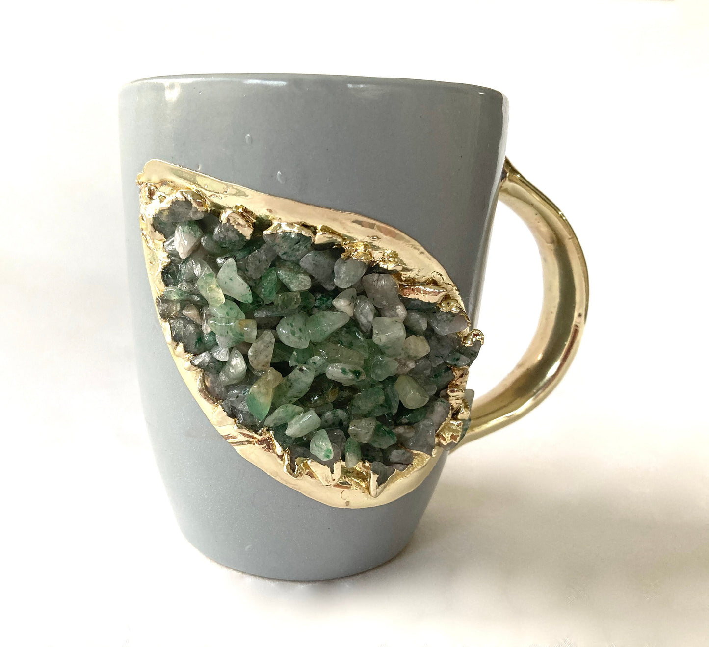Set of 2 |Personalised Grey and Gold Ceramic Coffee/Tea Mug with Light Green Semi-precious Agate Crystal Gemstones| 8 Oz