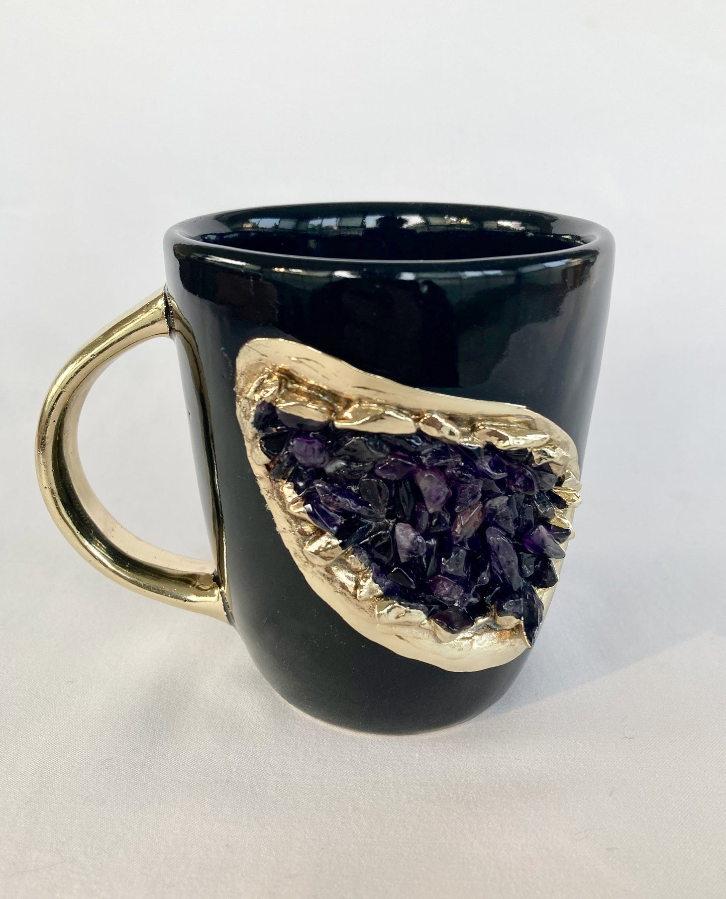 Set of 2 |Personalised Black and Gold Ceramic Coffee/Tea Mug with Amethyst Semi-precious Agate Crystal Gemstones | 8 oz