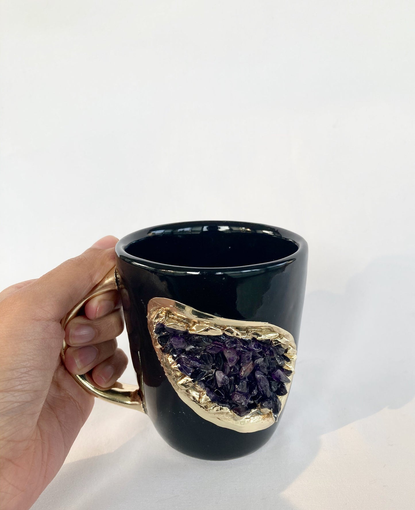 Set of 2 |Personalised Black and Gold Ceramic Coffee/Tea Mug with Amethyst Semi-precious Agate Crystal Gemstones | 8 oz