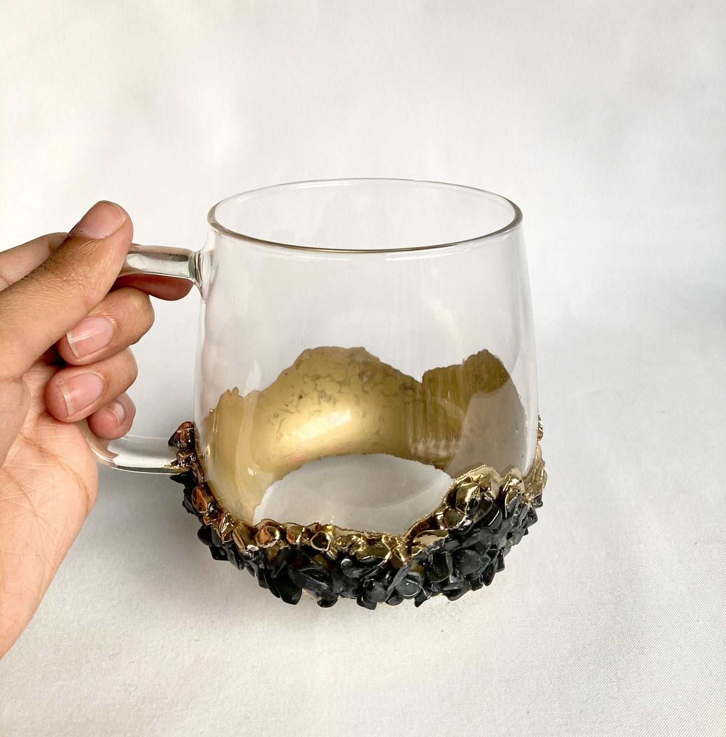 Set of 2 |Crystal Glass Coffee/Tea/Juice Mugs with Gold Plated Black Agate/Quartz Semi-precious Crystals | 17 oz/500 ml