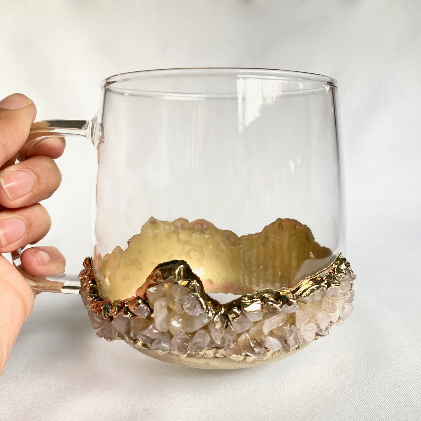 Set of 2 |Crystal Glass Coffee/Tea/Juice Mugs with Gold Plated Rose Quartz Agate/Quartz Semi-precious Crystals | 17 oz/500 ml