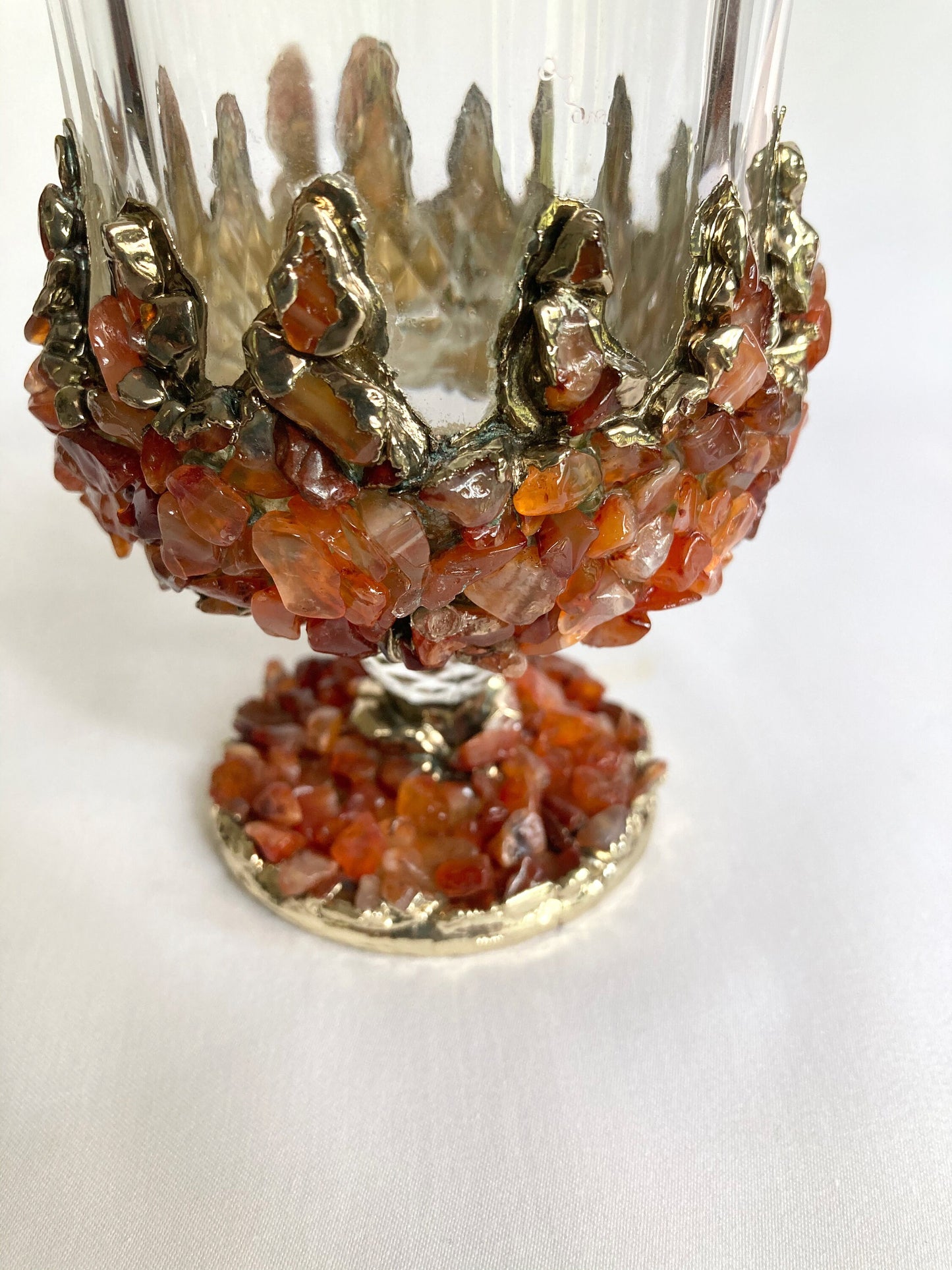 Set of 2 |Crystal Wine Glasses with Gold Plated Red Agate/Quartz Semi-precious Crystals | 7 oz/210 ml