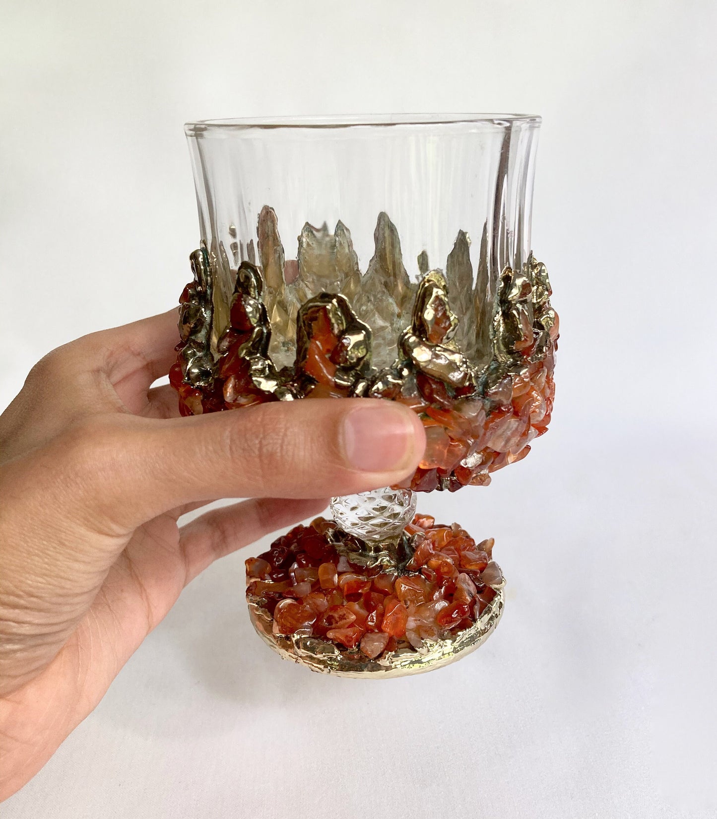 Set of 2 |Crystal Wine Glasses with Gold Plated Red Agate/Quartz Semi-precious Crystals | 7 oz/210 ml