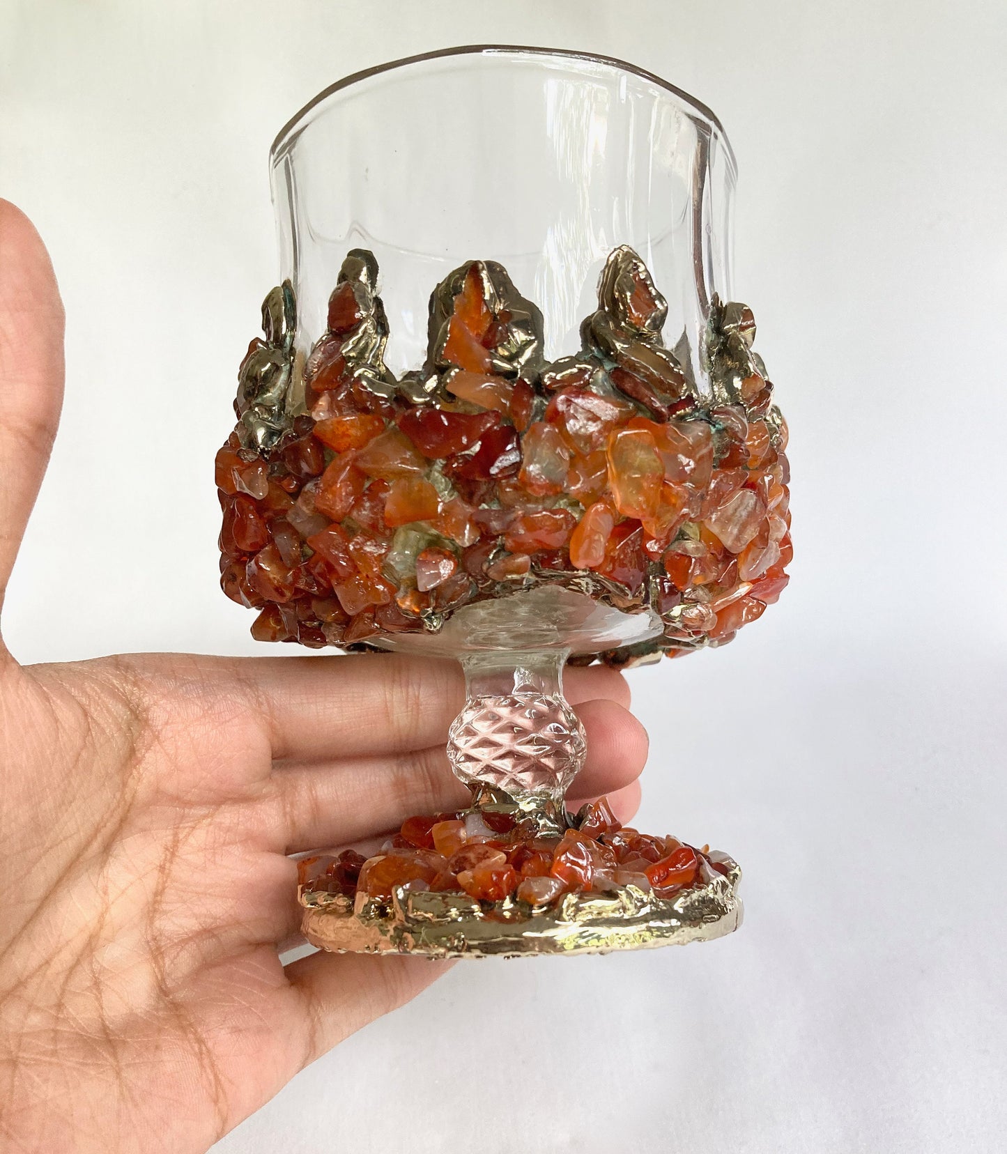 Set of 2 |Crystal Wine Glasses with Gold Plated Red Agate/Quartz Semi-precious Crystals | 7 oz/210 ml