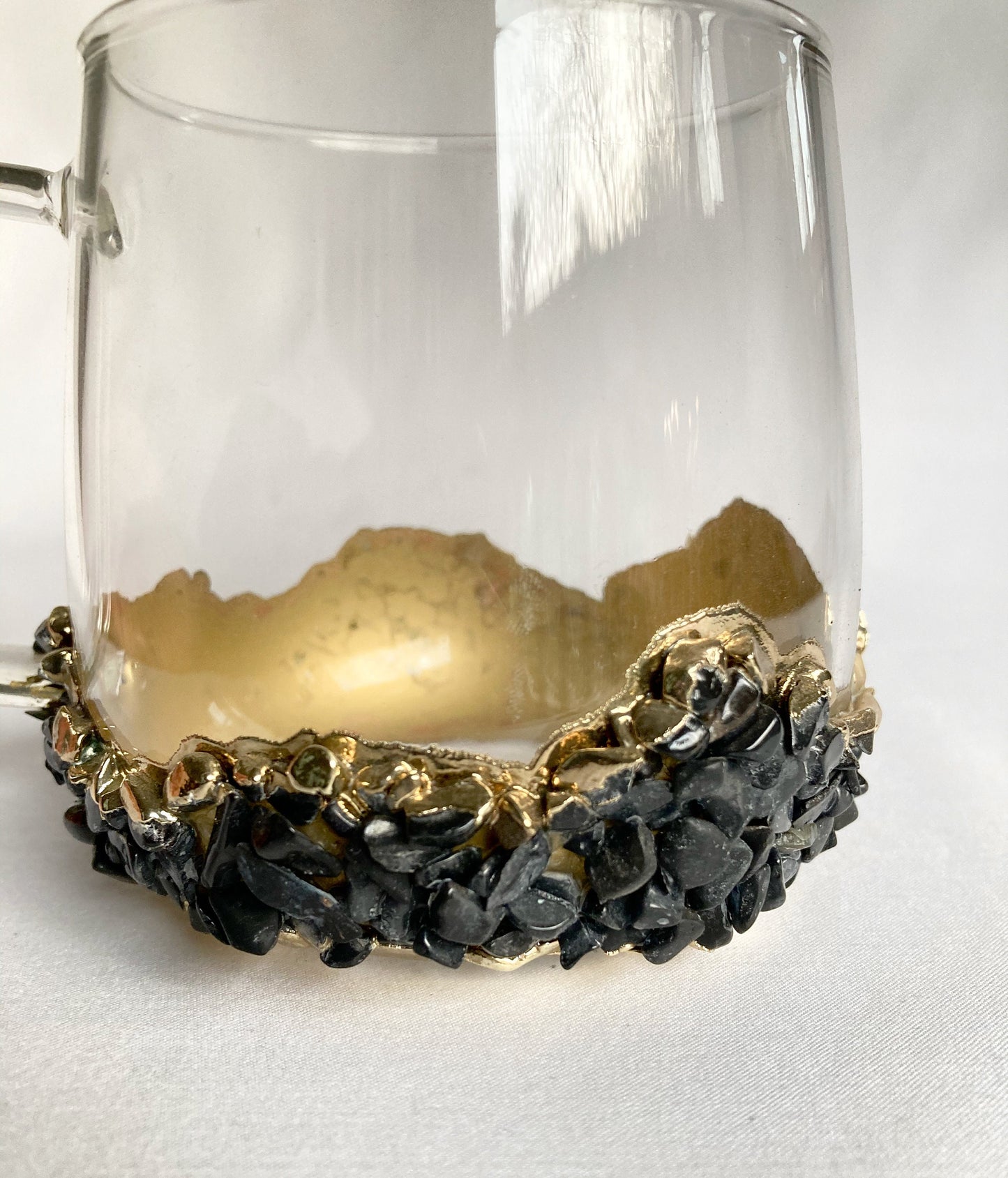 Set of 2 |Crystal Glass Coffee/Tea/Juice Mugs with Gold Plated Black Agate/Quartz Semi-precious Crystals | 17 oz/500 ml