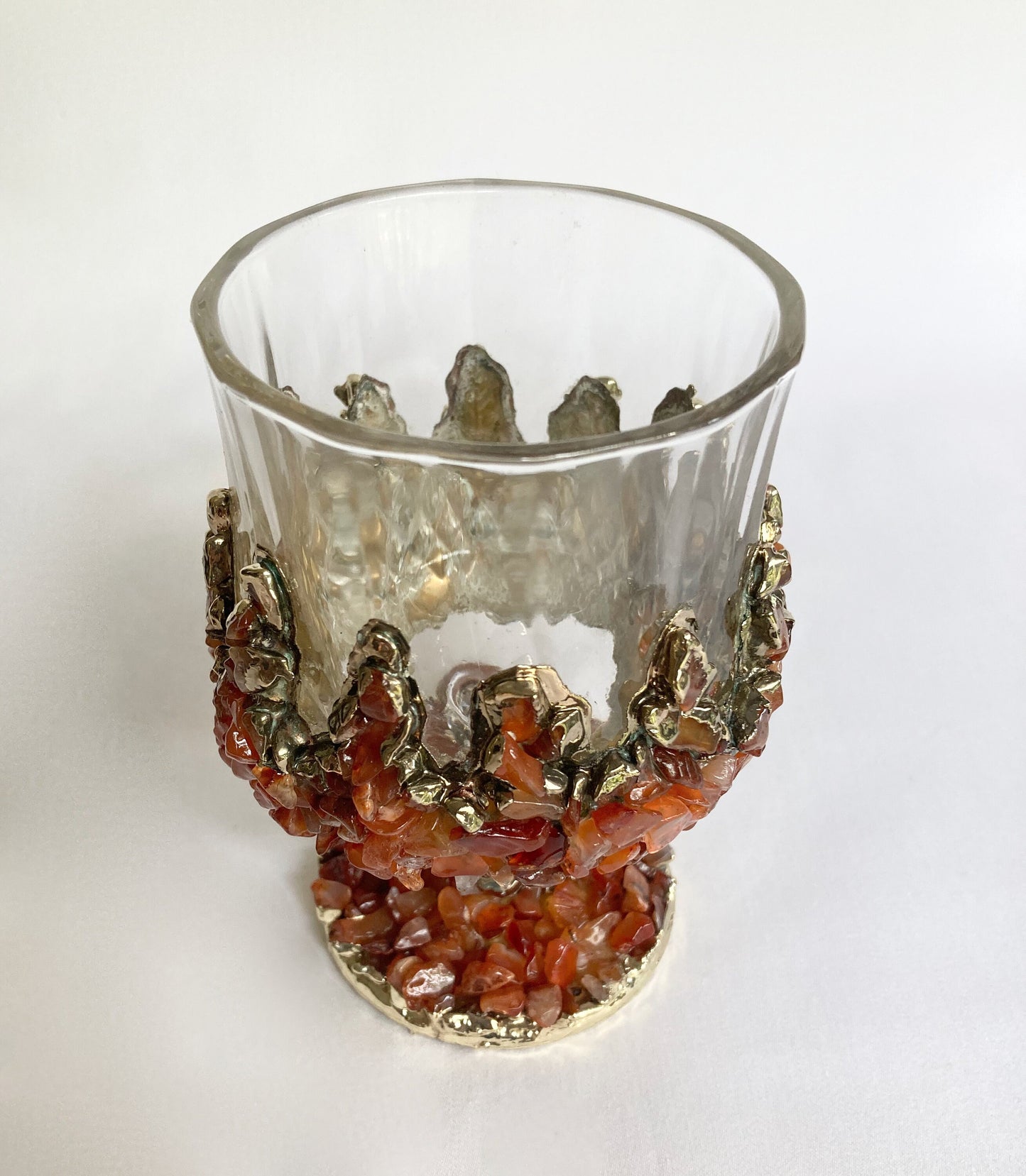 Set of 2 |Crystal Wine Glasses with Gold Plated Red Agate/Quartz Semi-precious Crystals | 7 oz/210 ml