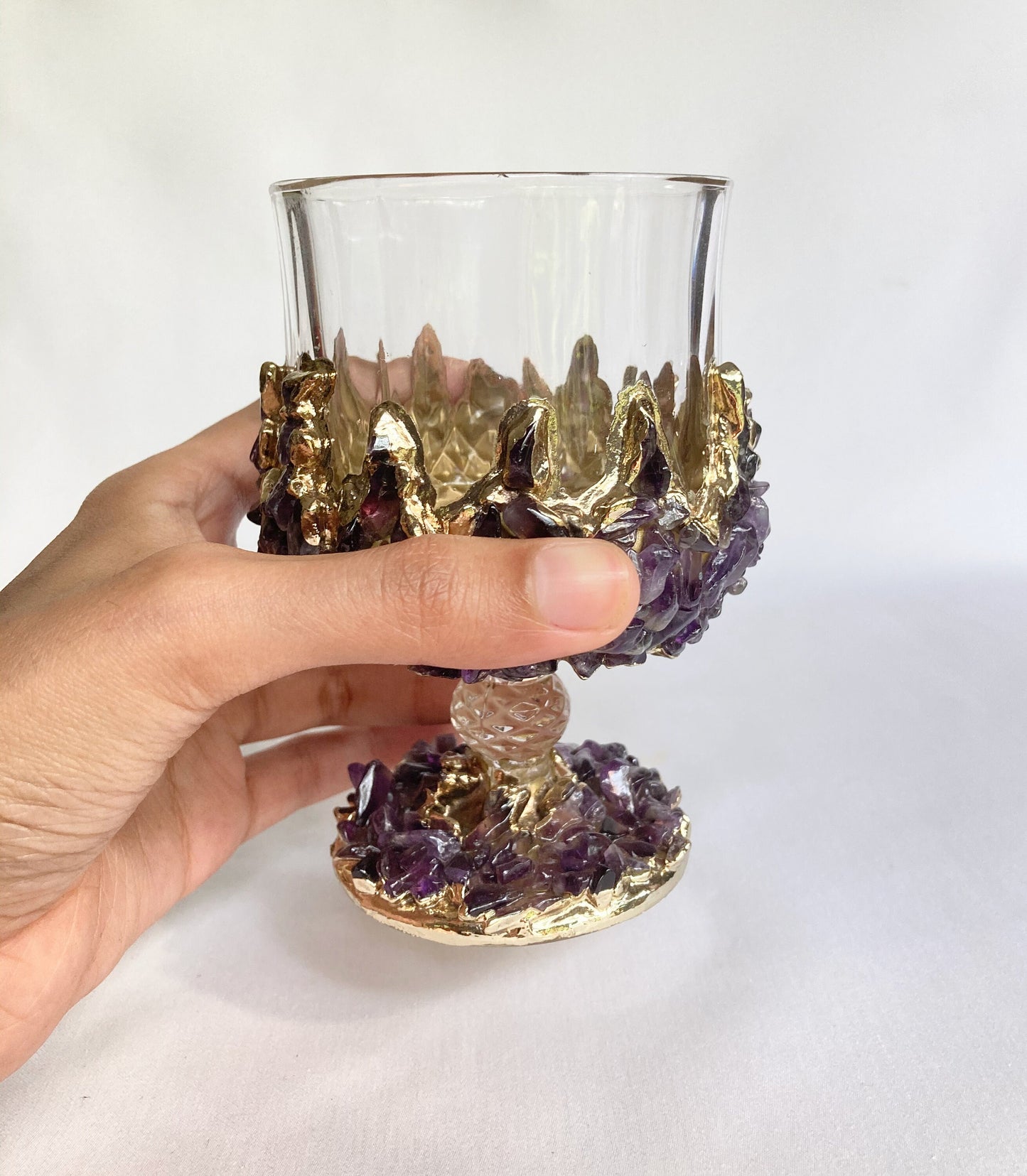 Set of 2 |Crystal Wine Glasses with Gold Plated Purple Amethyst Agate/Quartz Semi-precious Crystals | 7 oz/210 ml