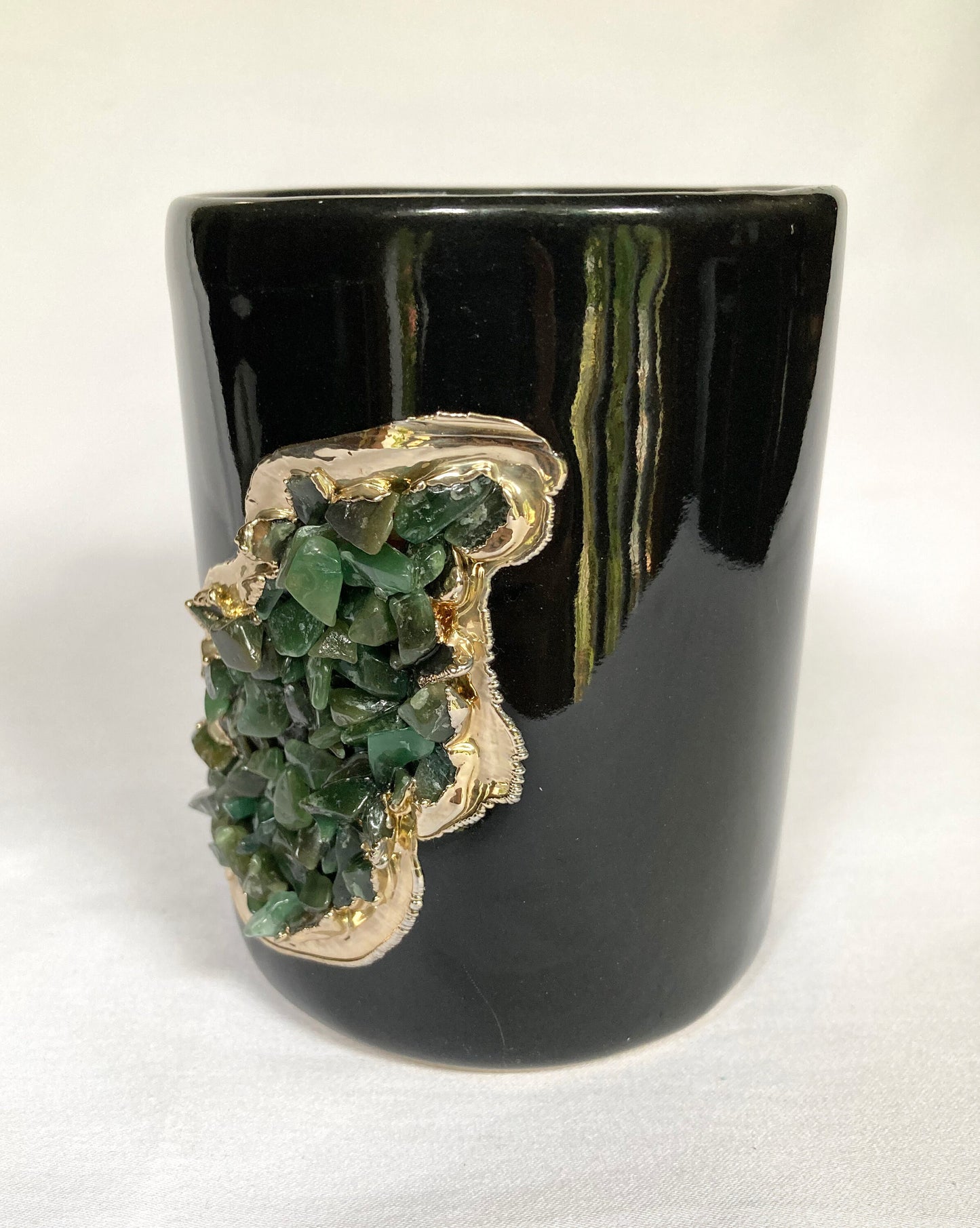 Set of 2 |Black and Gold Ceramic Big Coffee/Tea/Juice/Beverage Mug with Dark Green Semi-precious Agate Crystal | 12 oz/355 ml