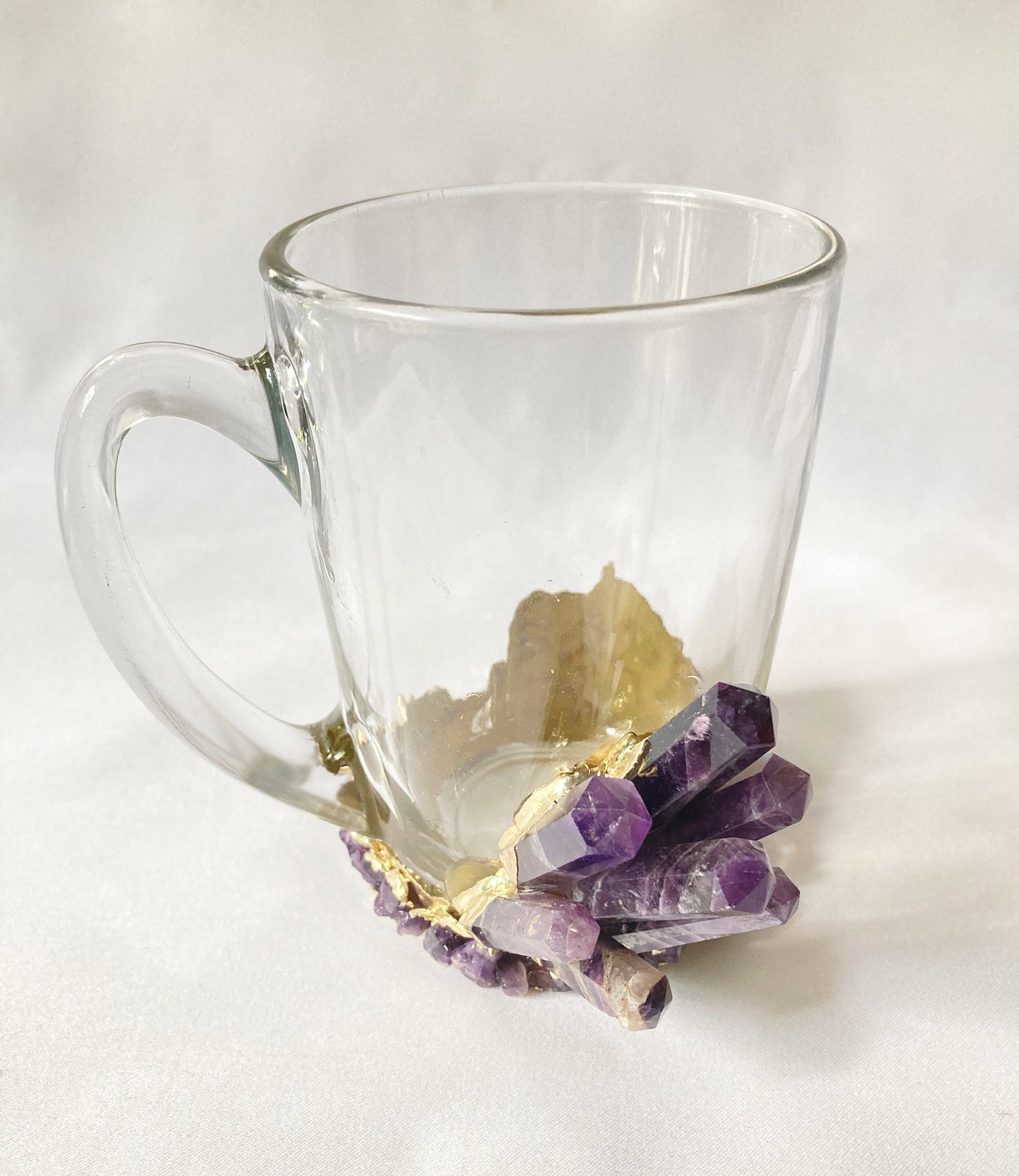 Set of 2 |Crystal Glass Coffee/Tea/Juice Mugs with Gold Plated Purple Amethyst Agate Semi-precious Crystals | 11 oz/320 ml