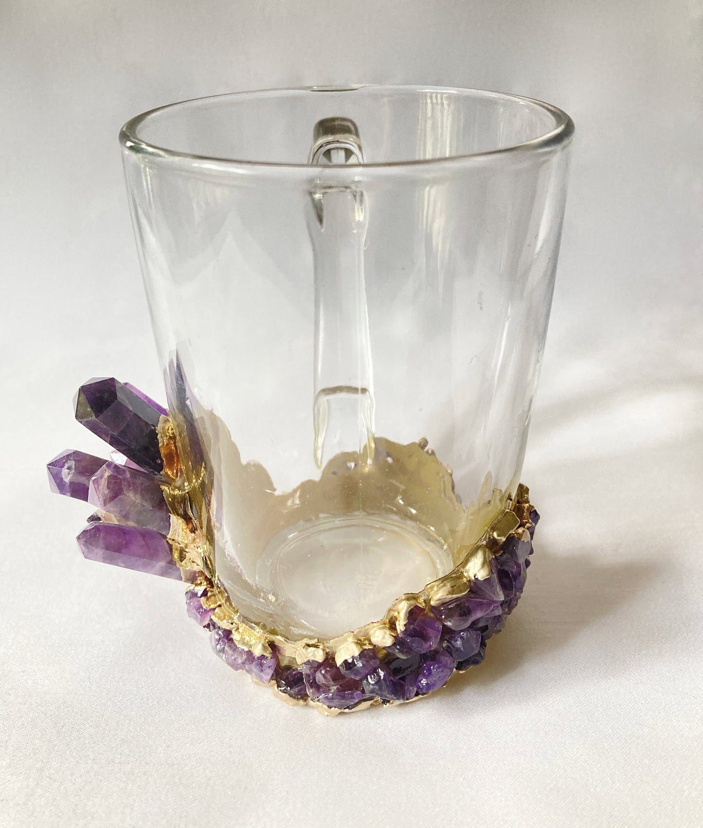 Set of 2 |Crystal Glass Coffee/Tea/Juice Mugs with Gold Plated Purple Amethyst Agate Semi-precious Crystals | 11 oz/320 ml