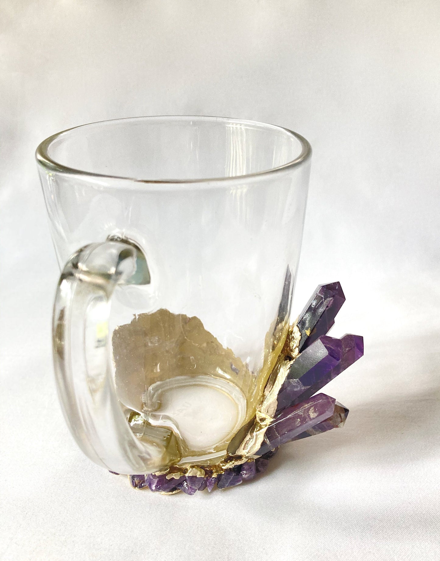 Set of 2 |Crystal Glass Coffee/Tea/Juice Mugs with Gold Plated Purple Amethyst Agate Semi-precious Crystals | 11 oz/320 ml