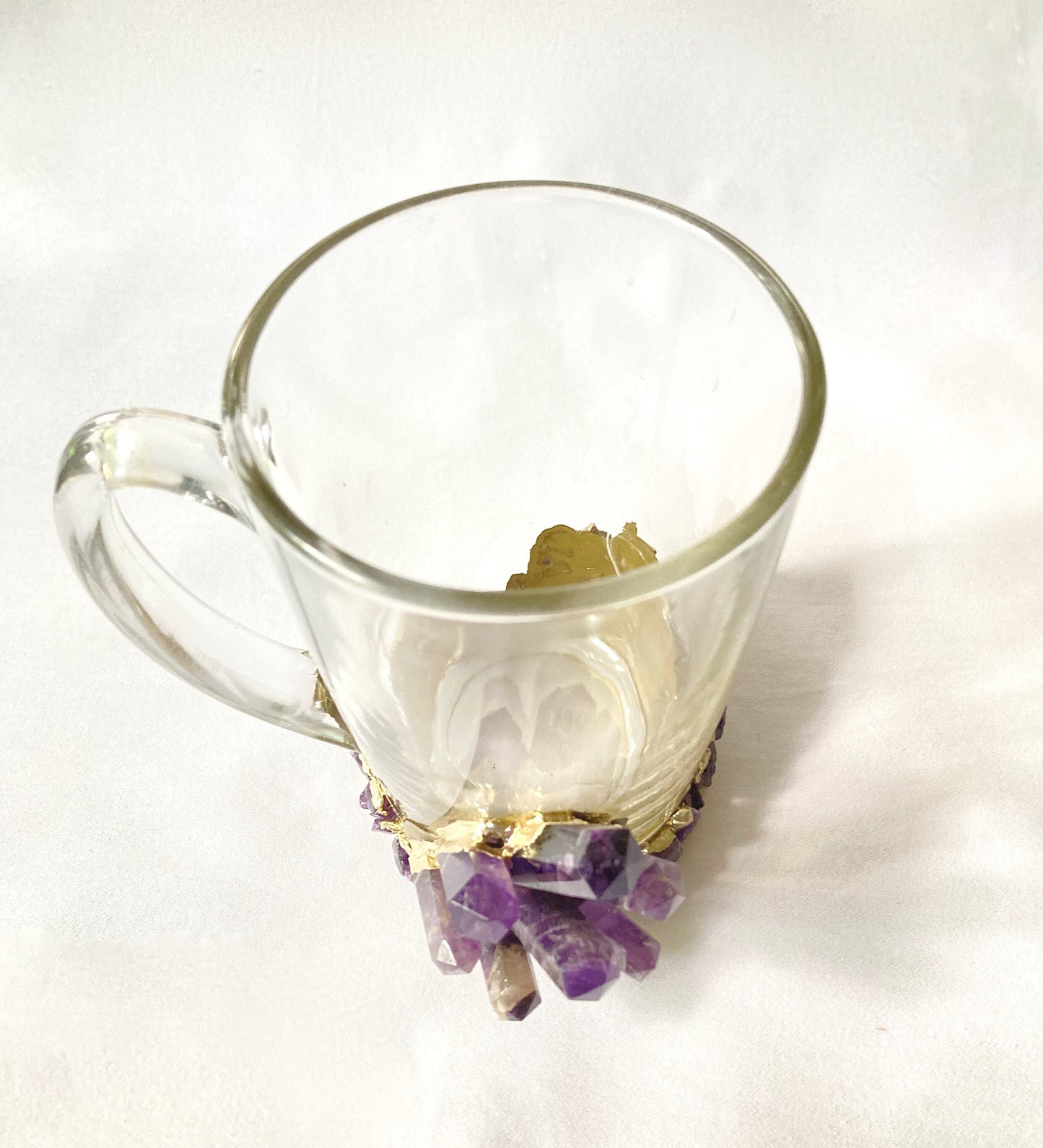 Set of 2 |Crystal Glass Coffee/Tea/Juice Mugs with Gold Plated Purple Amethyst Agate Semi-precious Crystals | 11 oz/320 ml