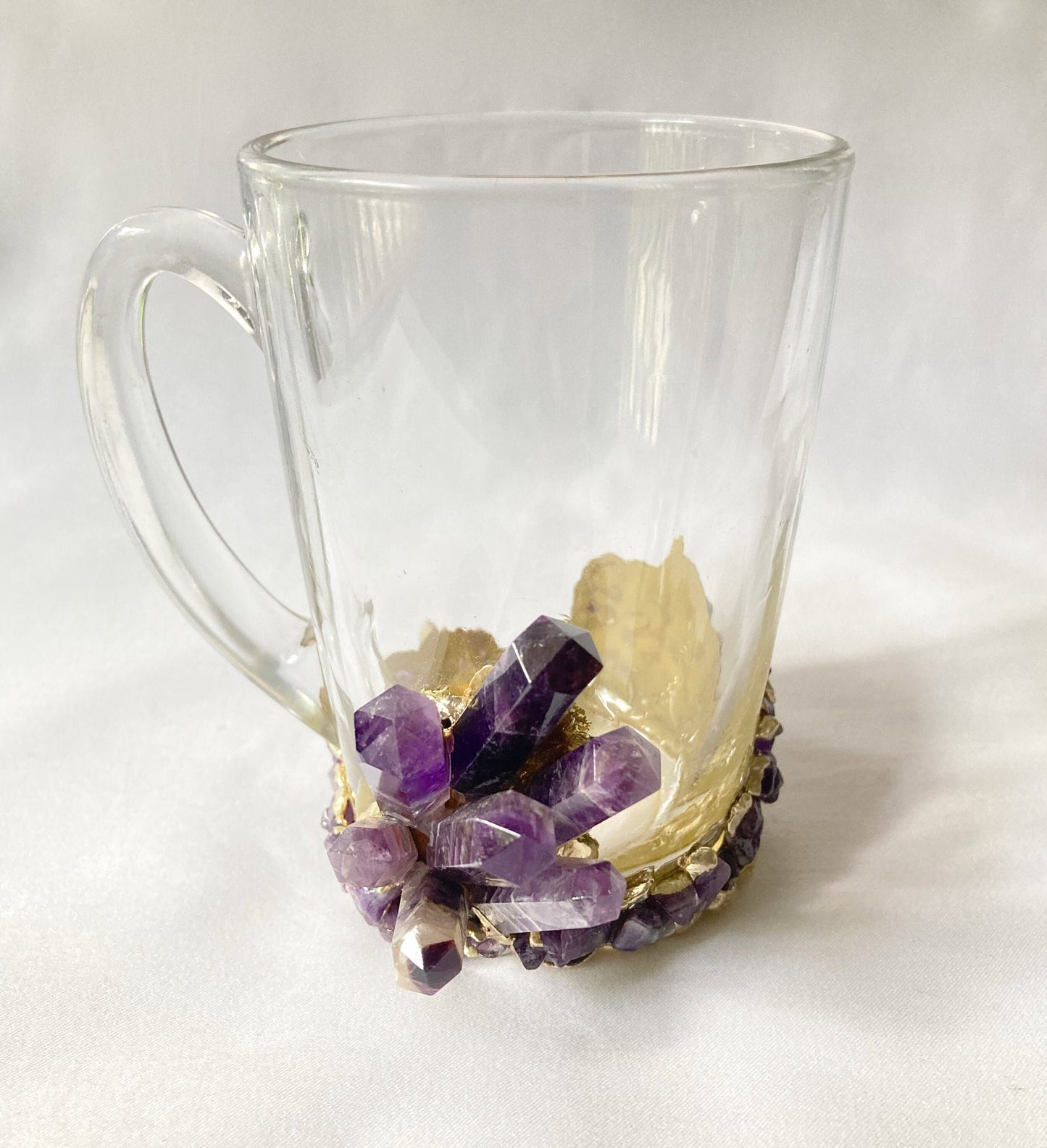 Set of 2 |Crystal Glass Coffee/Tea/Juice Mugs with Gold Plated Purple Amethyst Agate Semi-precious Crystals | 11 oz/320 ml