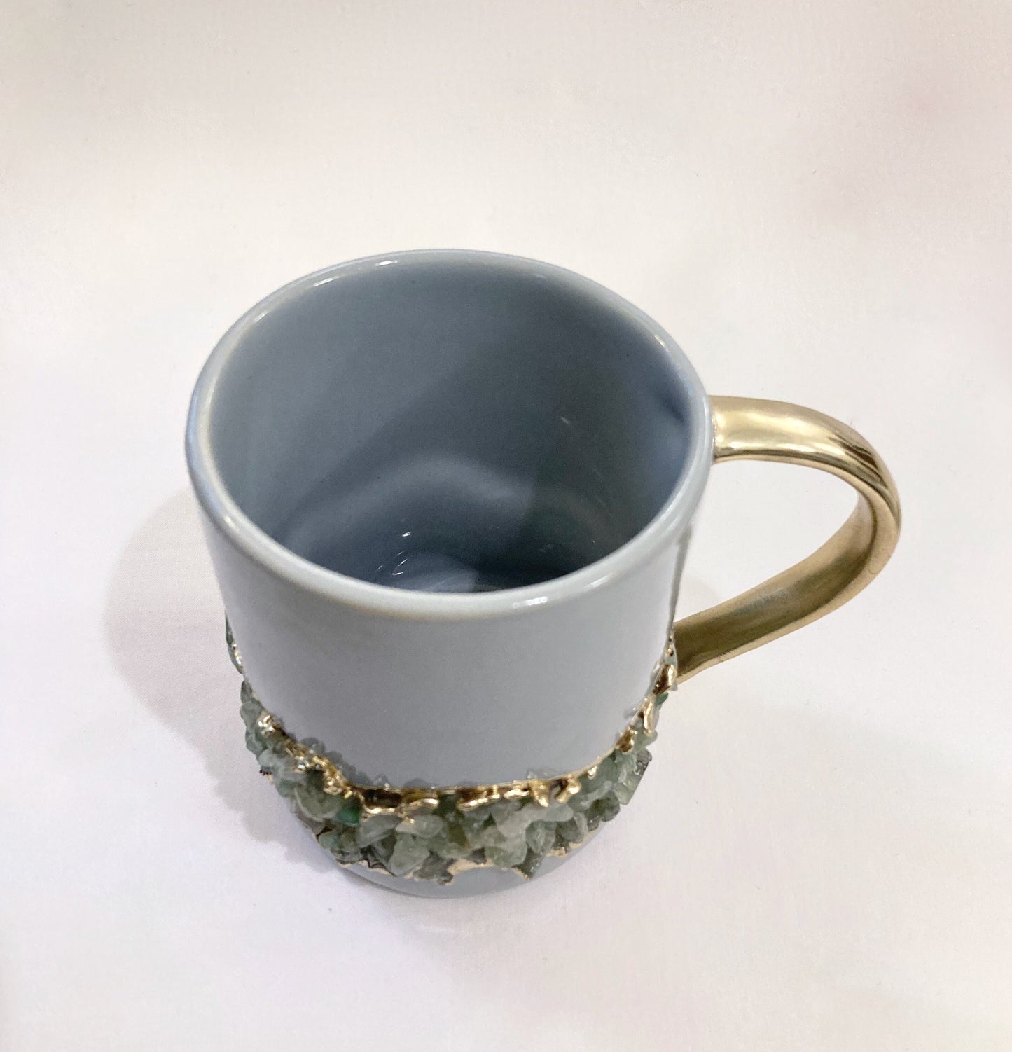 Set of 2 |Personalised Grey, Gold Ceramic Big Coffee/Tea/Juice/Beverage Mug, Light Green Semi-precious Agate Crystal Gemstones | 12 oz/355ml