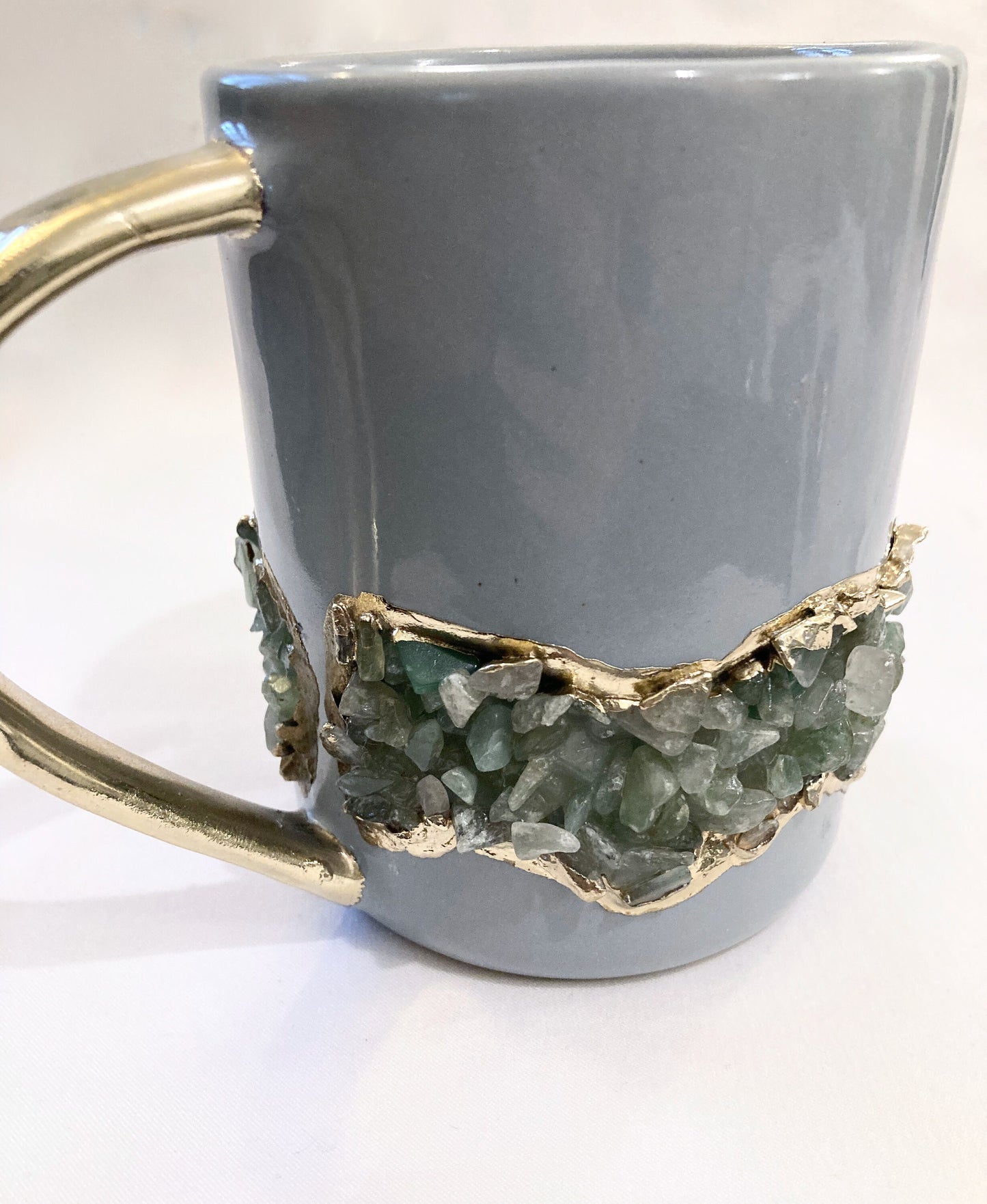 Set of 2 |Personalised Grey, Gold Ceramic Big Coffee/Tea/Juice/Beverage Mug, Light Green Semi-precious Agate Crystal Gemstones | 12 oz/355ml