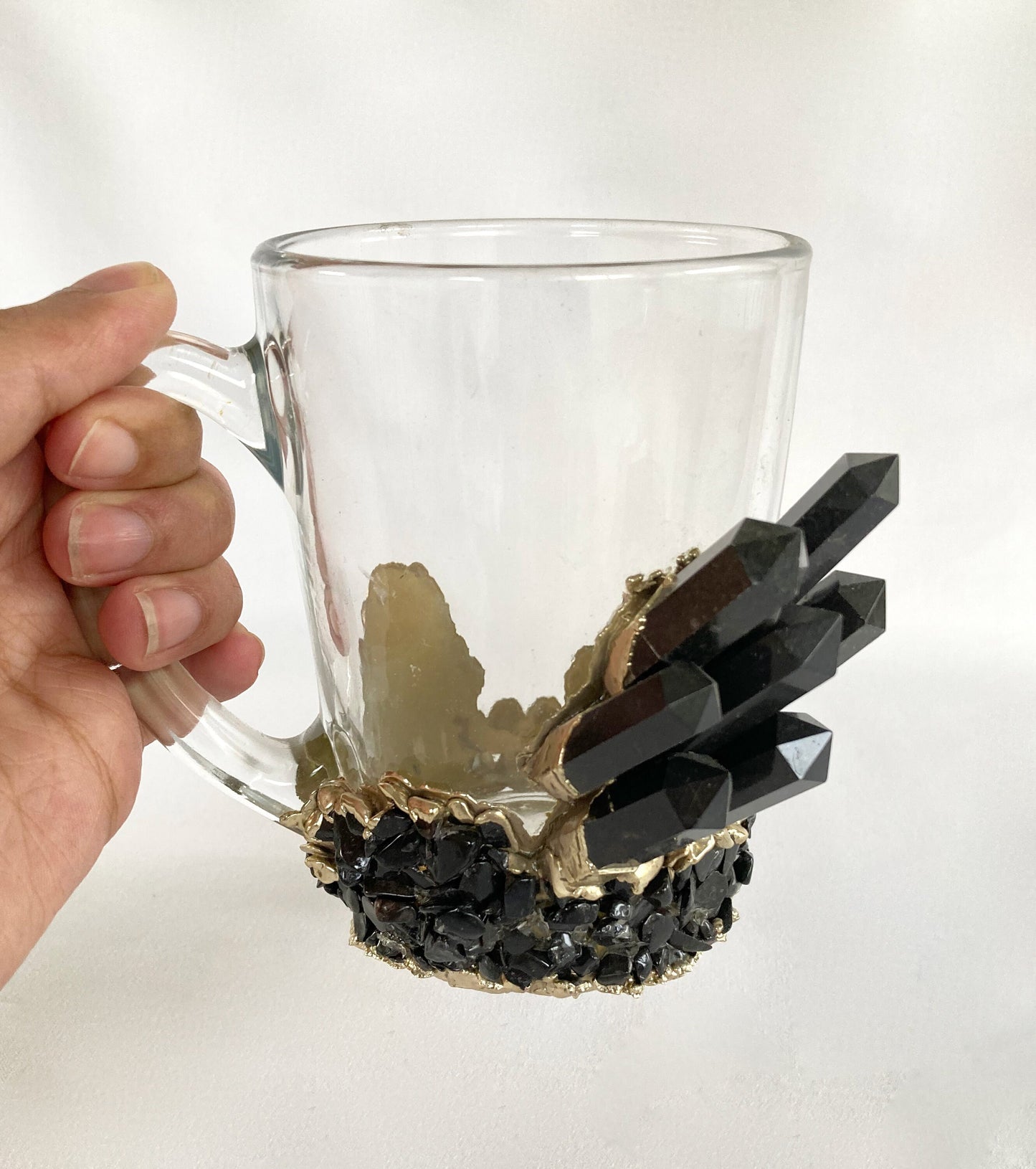 Set of 2 |Crystal Glass Coffee/Tea/Juice Mugs with Gold Plated Black Agate Semi-precious Crystals | 11 oz/320 ml