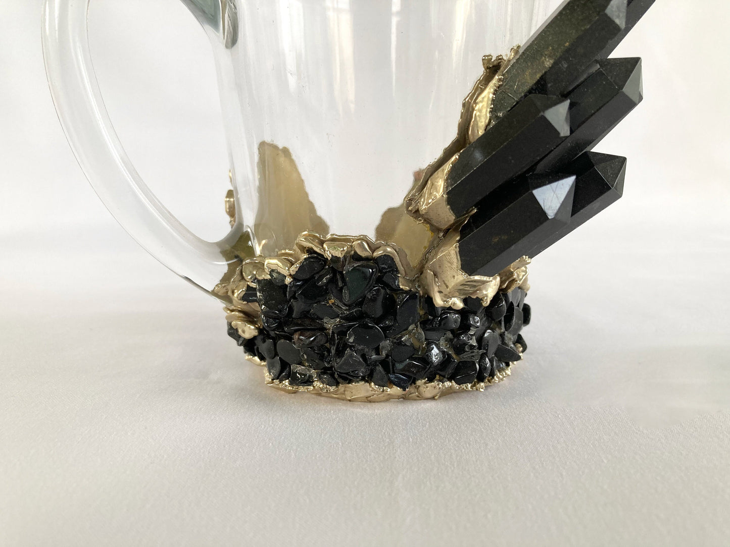 Set of 2 |Crystal Glass Coffee/Tea/Juice Mugs with Gold Plated Black Agate Semi-precious Crystals | 11 oz/320 ml