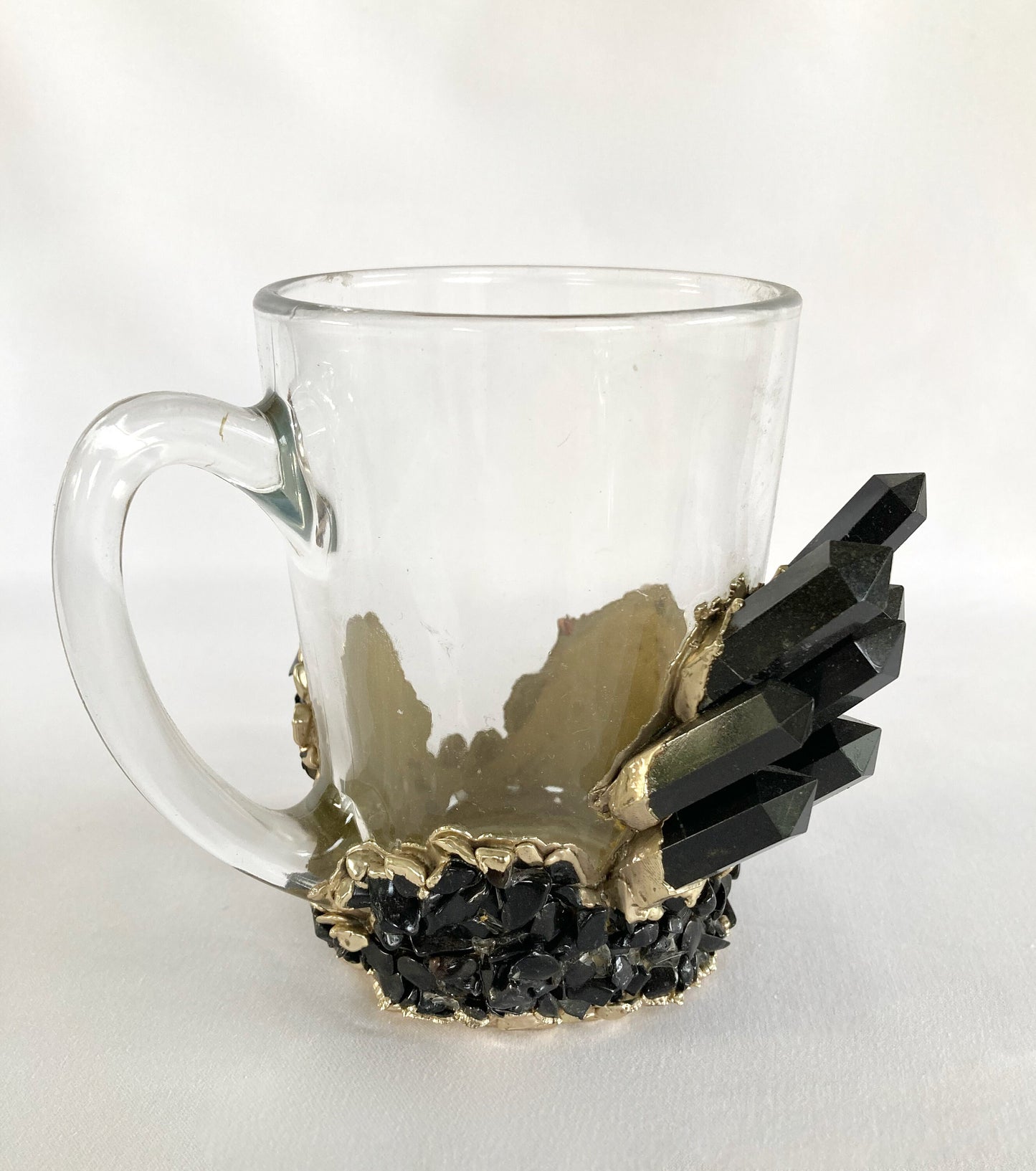 Set of 2 |Crystal Glass Coffee/Tea/Juice Mugs with Gold Plated Black Agate Semi-precious Crystals | 11 oz/320 ml