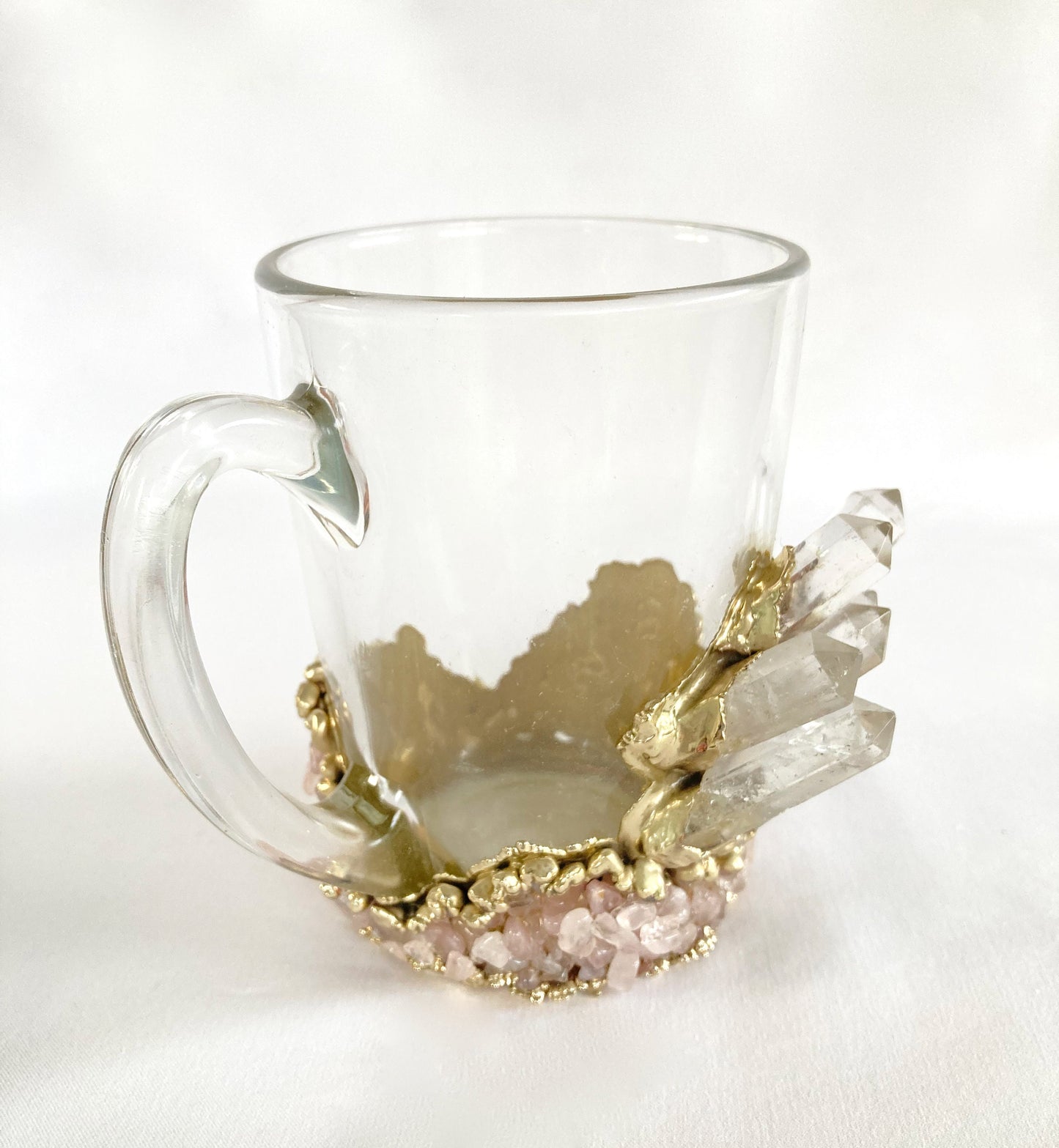 Set of 2 |Crystal Glass Coffee/Tea/Juice Mugs with Gold Plated Clear Crystal and Rose Quartz Agate Semi-precious Crystals | 11 oz/320 ml