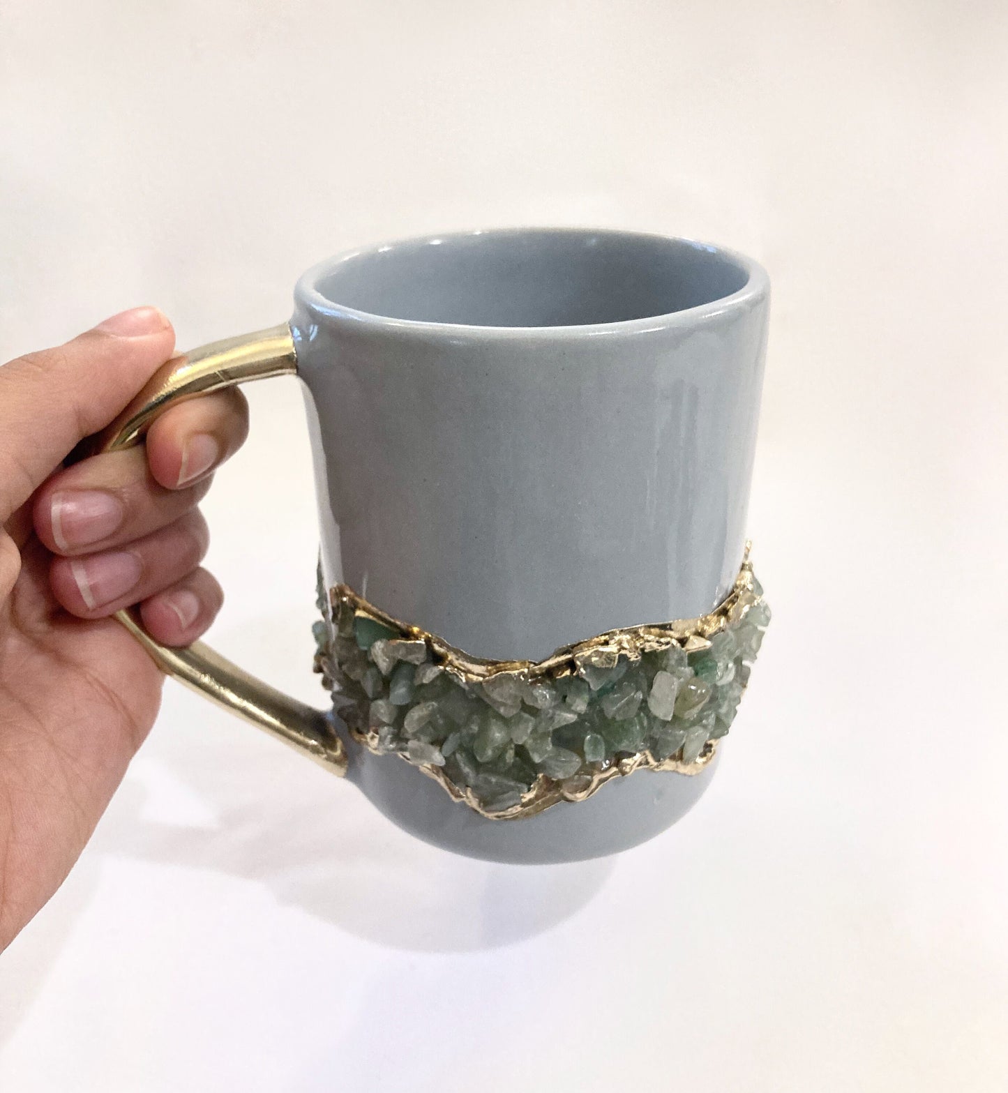 Set of 2 |Personalised Grey, Gold Ceramic Big Coffee/Tea/Juice/Beverage Mug, Light Green Semi-precious Agate Crystal Gemstones | 12 oz/355ml