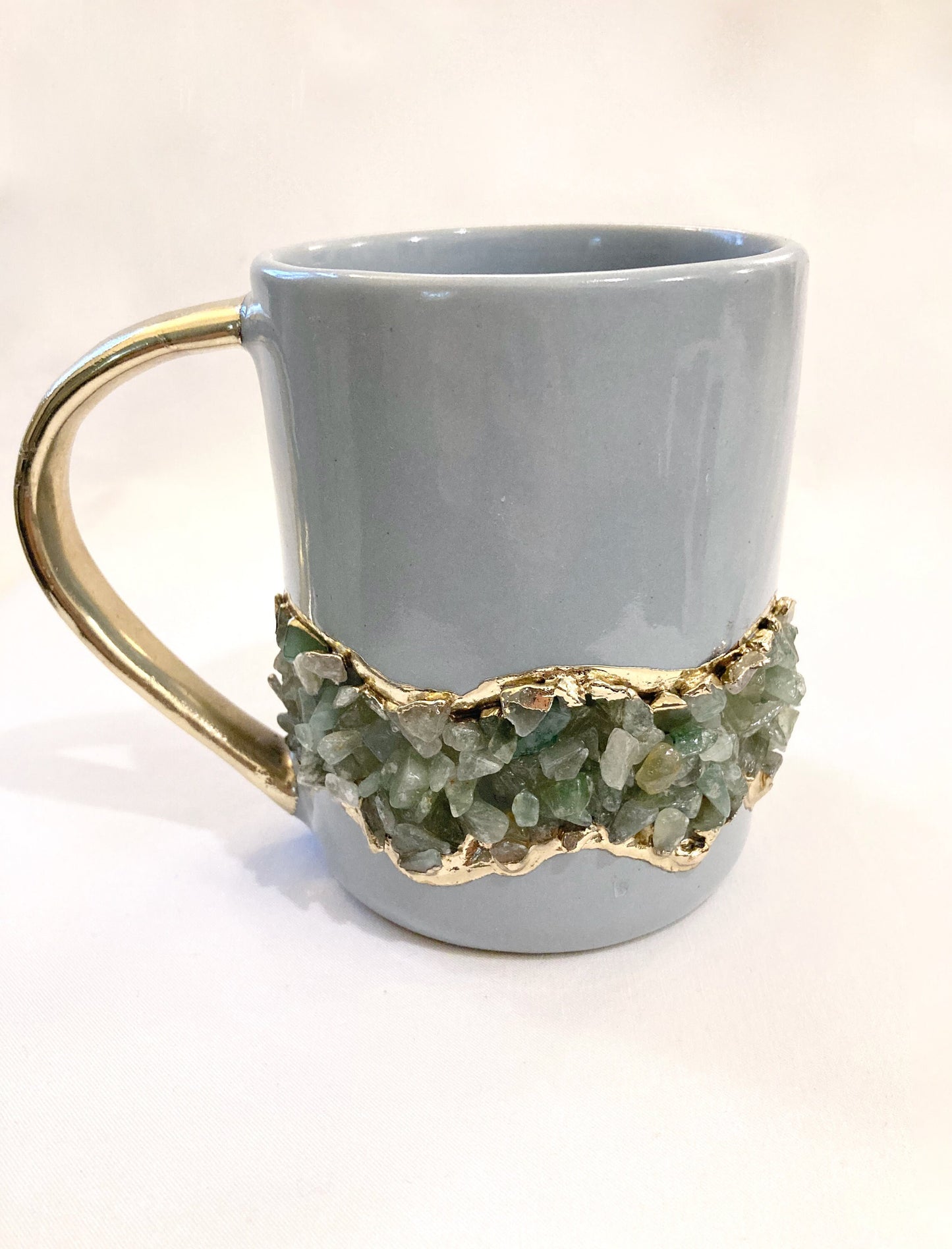Set of 2 |Personalised Grey, Gold Ceramic Big Coffee/Tea/Juice/Beverage Mug, Light Green Semi-precious Agate Crystal Gemstones | 12 oz/355ml