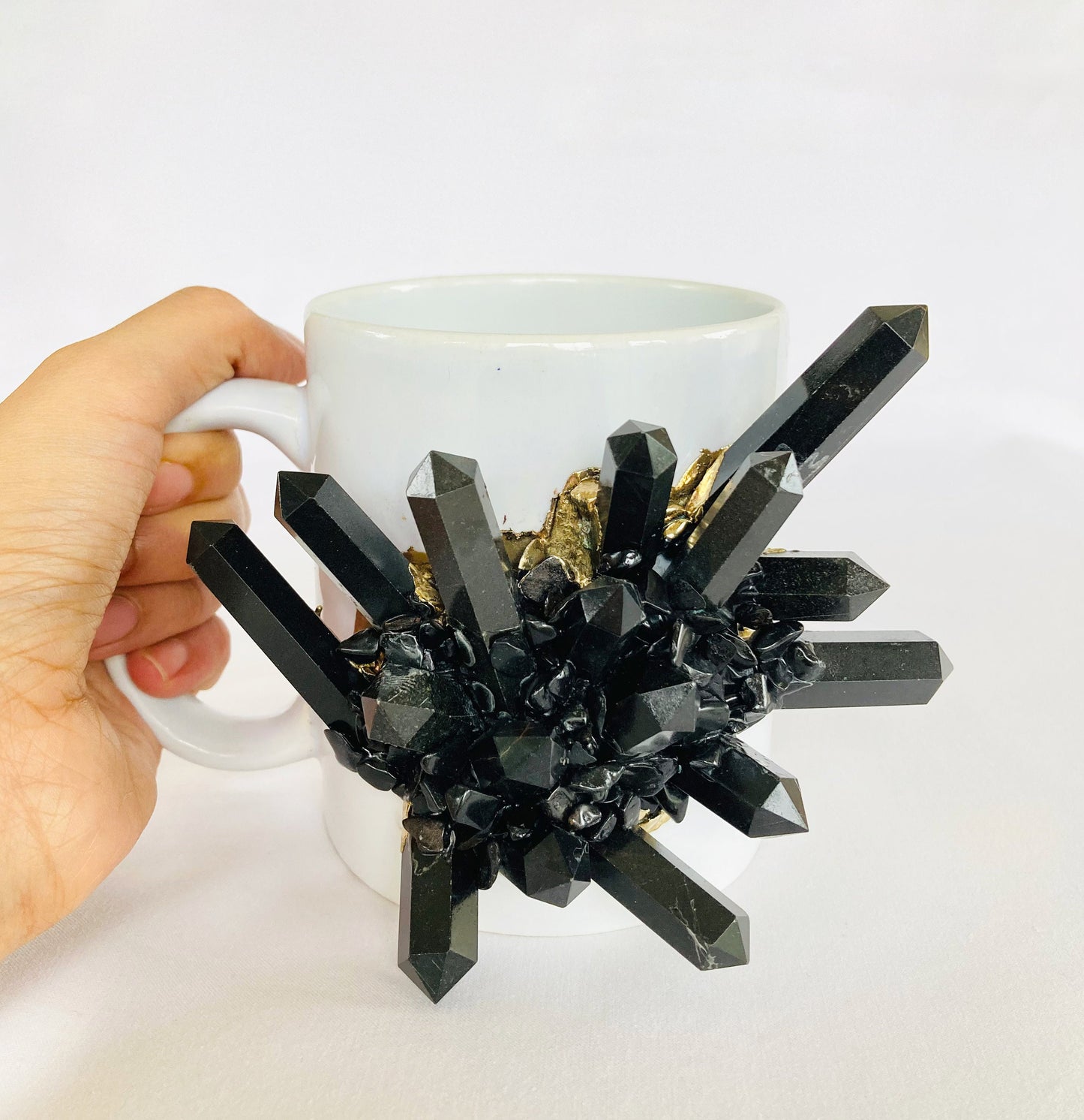 Set of 2 |Personalised White Ceramic Big Coffee/Tea/Juice Mug with Gold Plated Black Agate/Quartz Semi-precious Gemstones | 13 oz/385ml