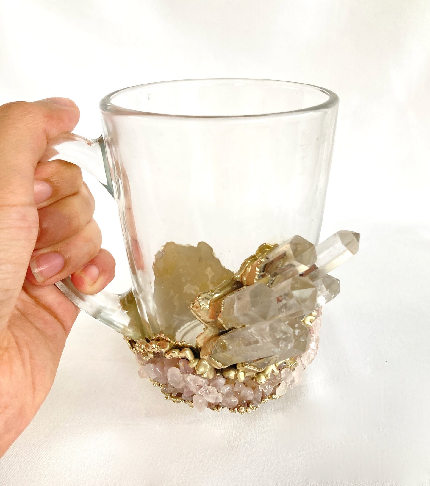 Set of 2 |Crystal Glass Coffee/Tea/Juice Mugs with Gold Plated Clear Crystal and Rose Quartz Agate Semi-precious Crystals | 11 oz/320 ml
