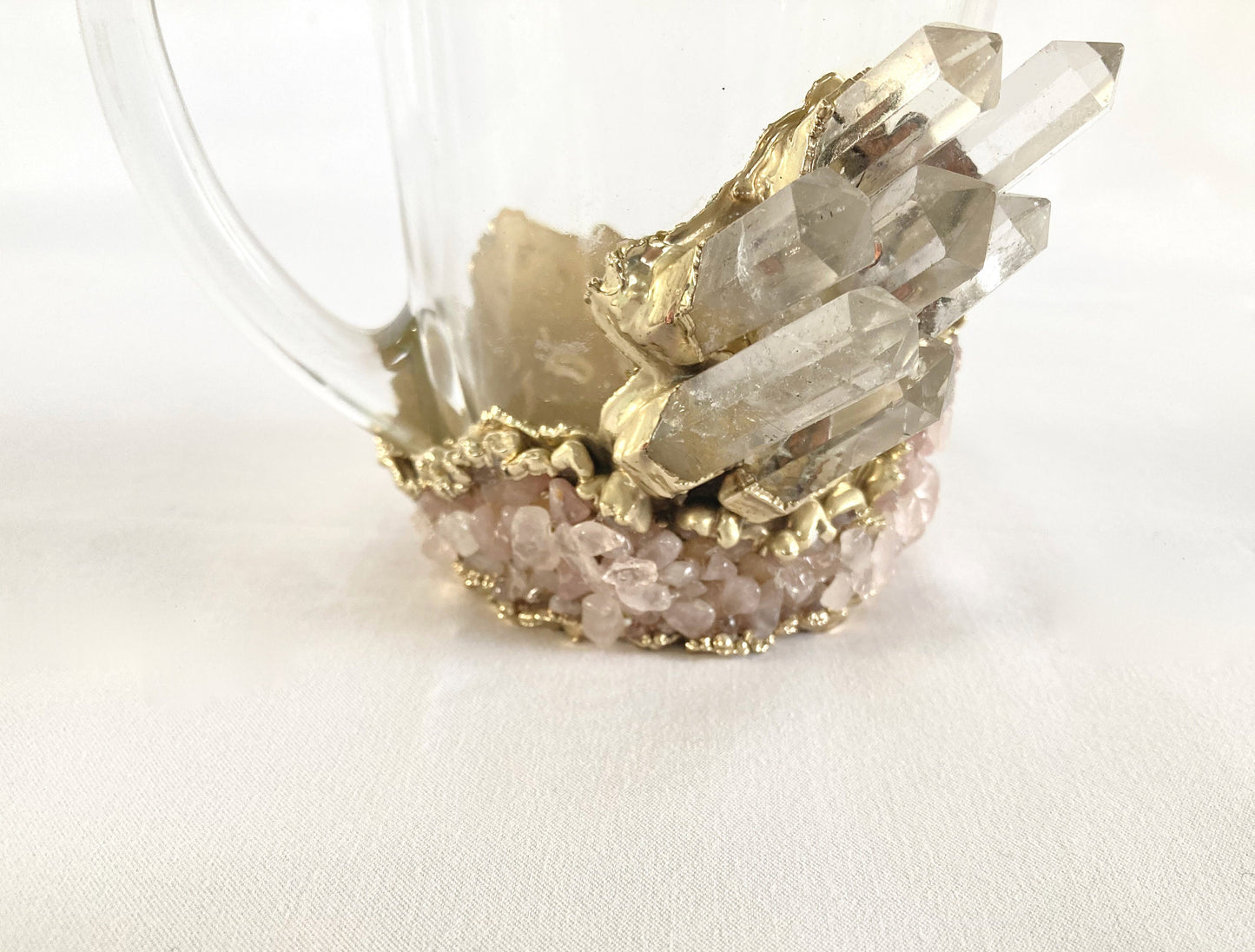 Set of 2 |Crystal Glass Coffee/Tea/Juice Mugs with Gold Plated Clear Crystal and Rose Quartz Agate Semi-precious Crystals | 11 oz/320 ml