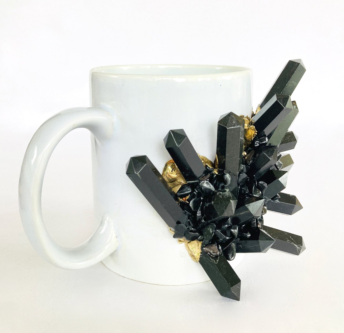 Set of 2 |Personalised White Ceramic Big Coffee/Tea/Juice Mug with Gold Plated Black Agate/Quartz Semi-precious Gemstones | 13 oz/385ml