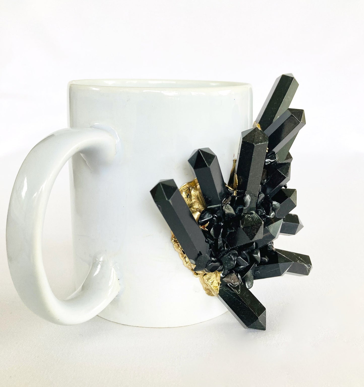 Set of 2 |Personalised White Ceramic Big Coffee/Tea/Juice Mug with Gold Plated Black Agate/Quartz Semi-precious Gemstones | 13 oz/385ml