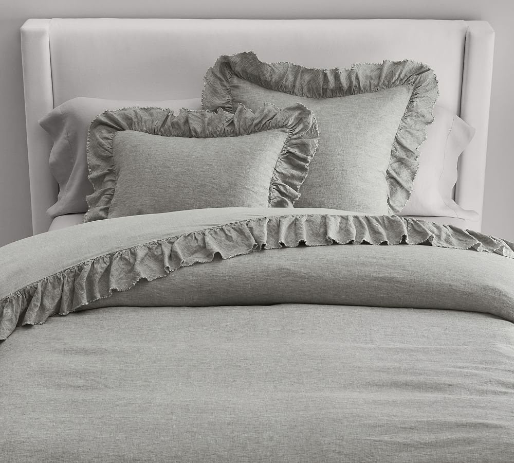 Light Grey - 100% Pure Linen | Linen Cotton Mix | 3 Piece Ruffle Duvet Cover Set | Handmade | Pre-washed | Soft