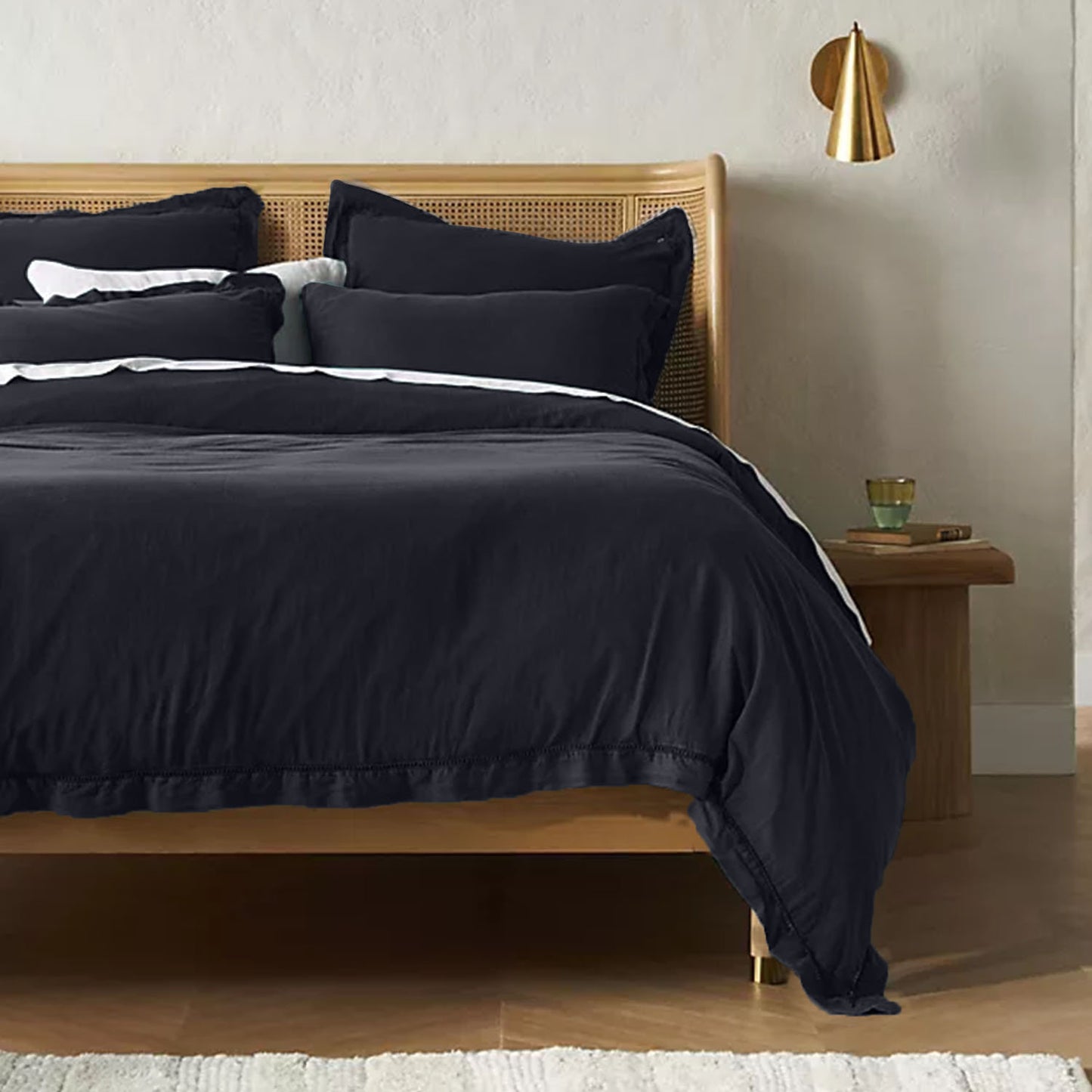EmbroideredEdgeCharcoalBlack 100% Pure Linen | Linen Cotton Mix | 3 Piece Duvet Cover Set | 4 Piece Sheet Set | Handmade | Pre-washed | Soft