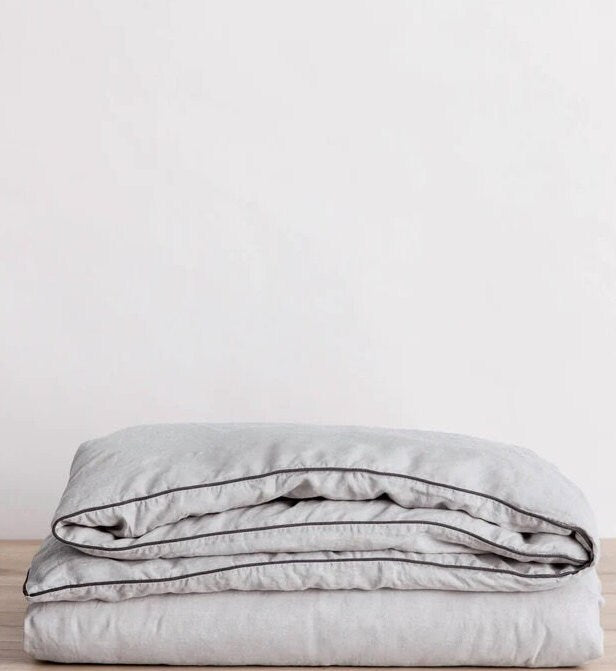 Light Grey with Black Piping - 100% Pure Linen or Linen Cotton | 3 Piece Piped Duvet Cover Set | Handmade | Pre-washed