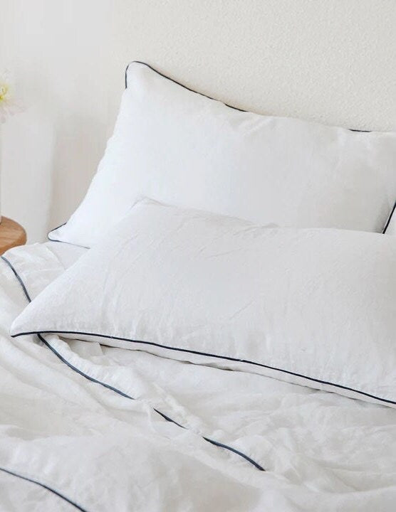 White with Navy Piping - 100% Pure Linen or Linen Cotton | 3 Piece Piped Duvet Cover Set | Handmade | Pre-washed