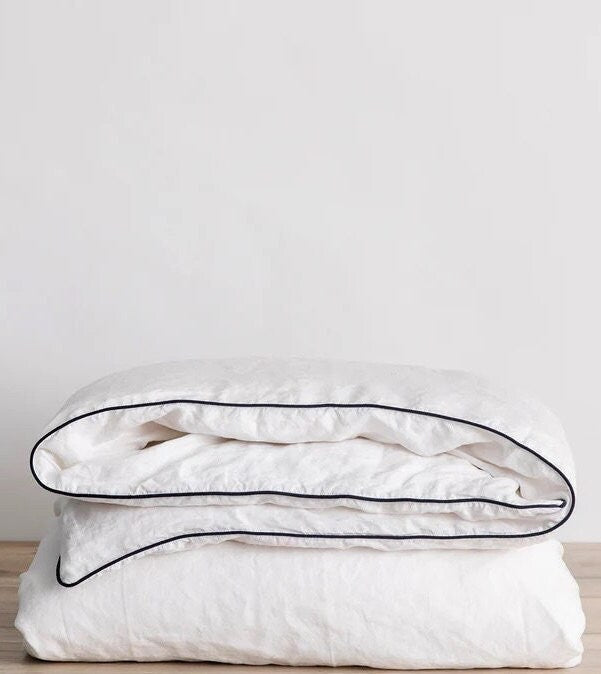 White with Navy Piping - 100% Pure Linen or Linen Cotton | 3 Piece Piped Duvet Cover Set | Handmade | Pre-washed