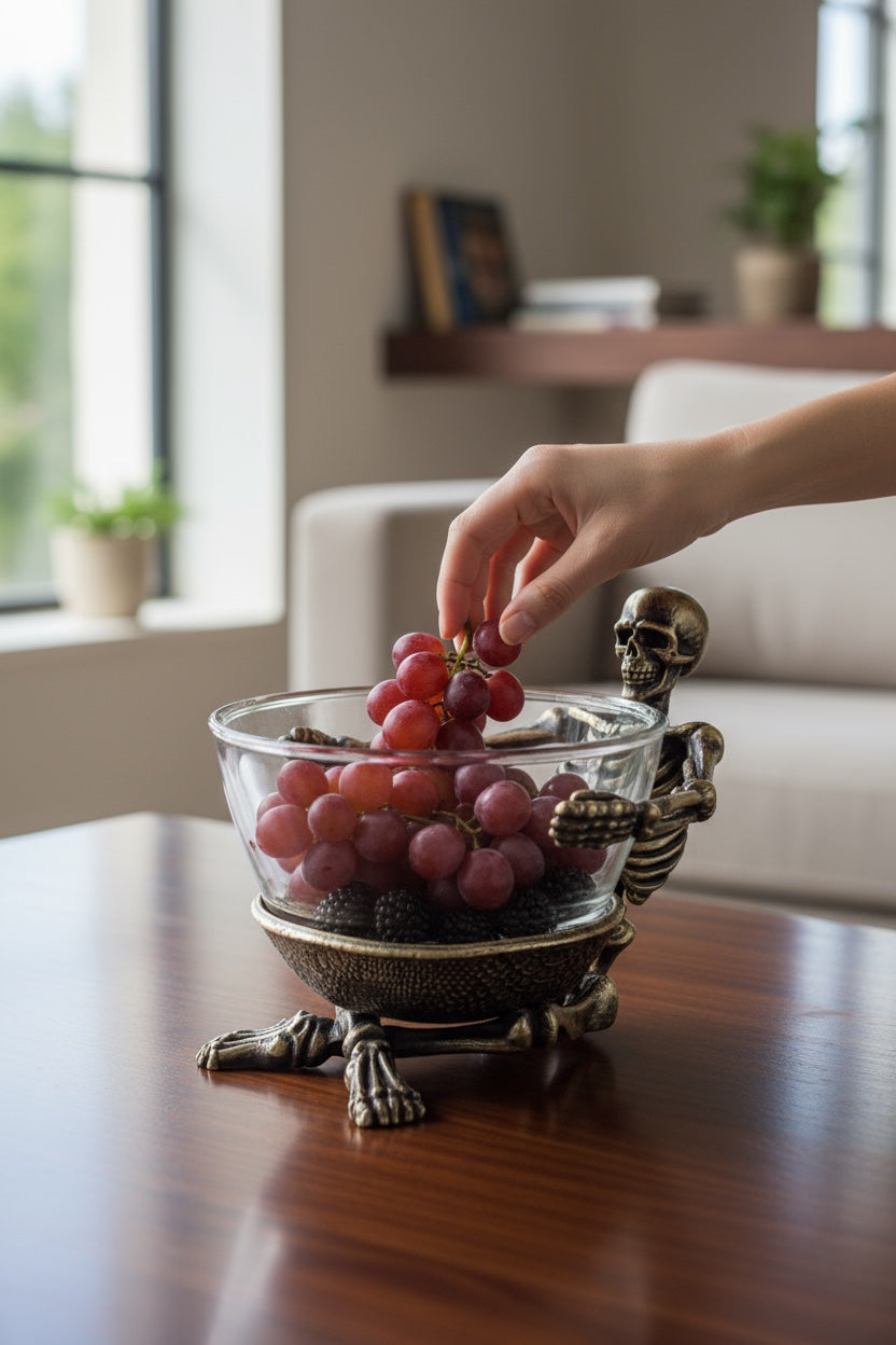 Skeleton Bowl with Glass Insert – Gothic Decorative Dish | Gold, Silver or Antique Finish | Halloween Candy Bowl & Home Decor