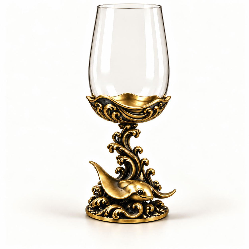 Manta Ray wine glass with a clear bowl and sculptural antique brass stem