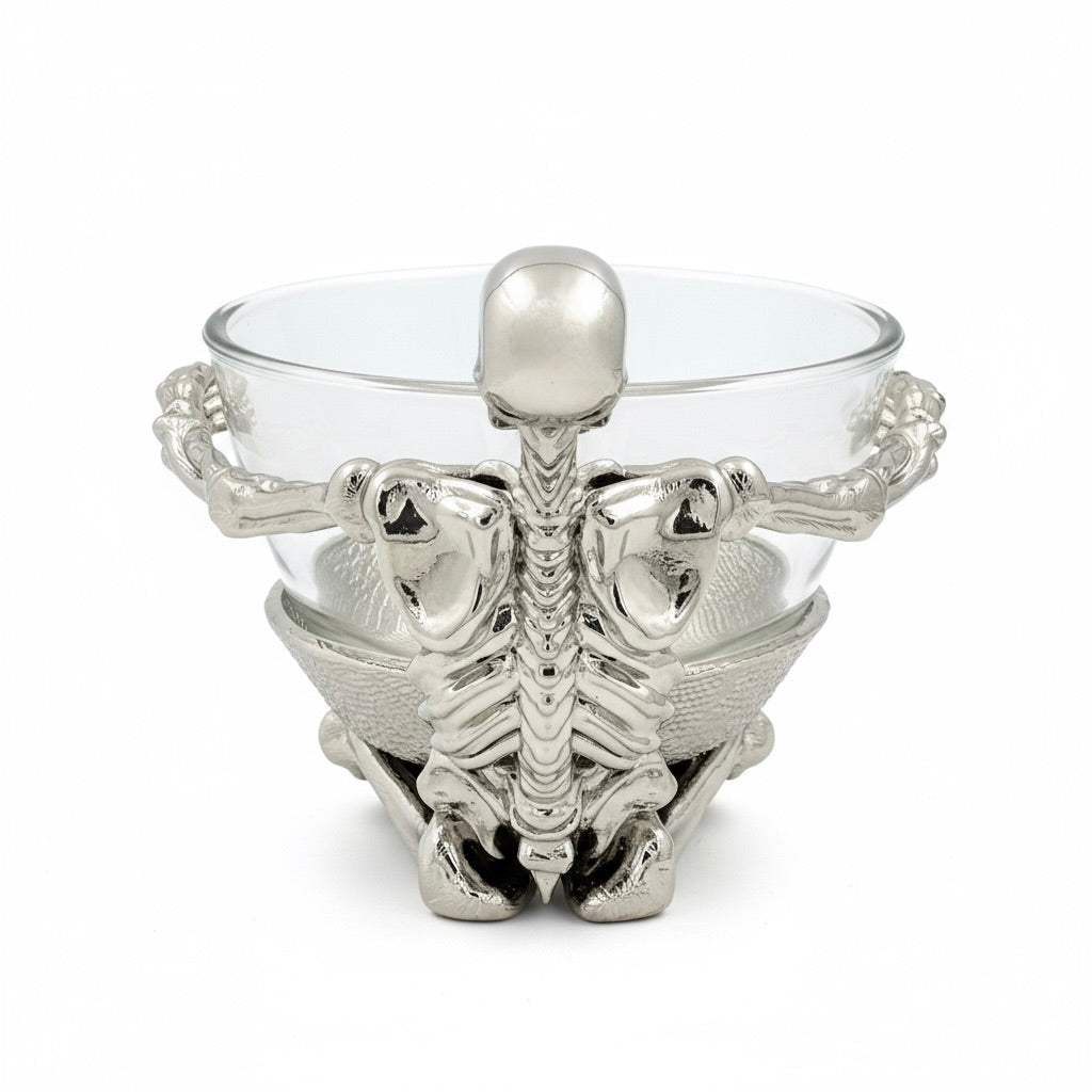 Skeleton Bowl with Glass Insert – Gothic Decorative Dish | Gold, Silver or Antique Finish | Halloween Candy Bowl & Home Decor